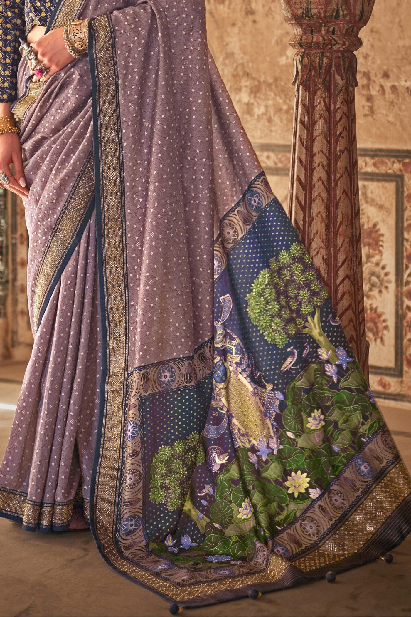 Buy MySilkLove Taupe Purple Printed Patola Saree Online