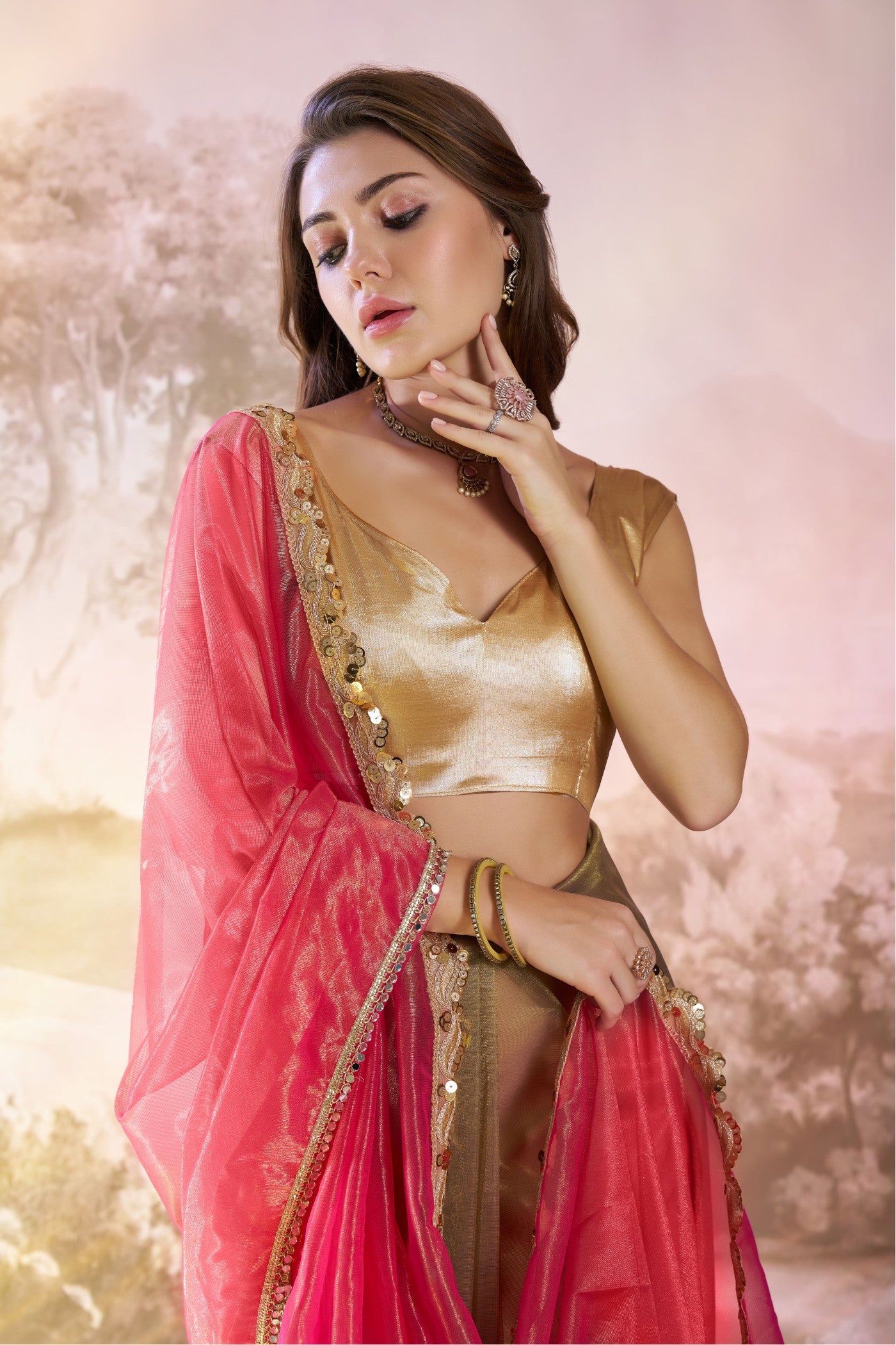 Buy MySilkLove Cardinal Pink and Green Partywear Net Saree Online