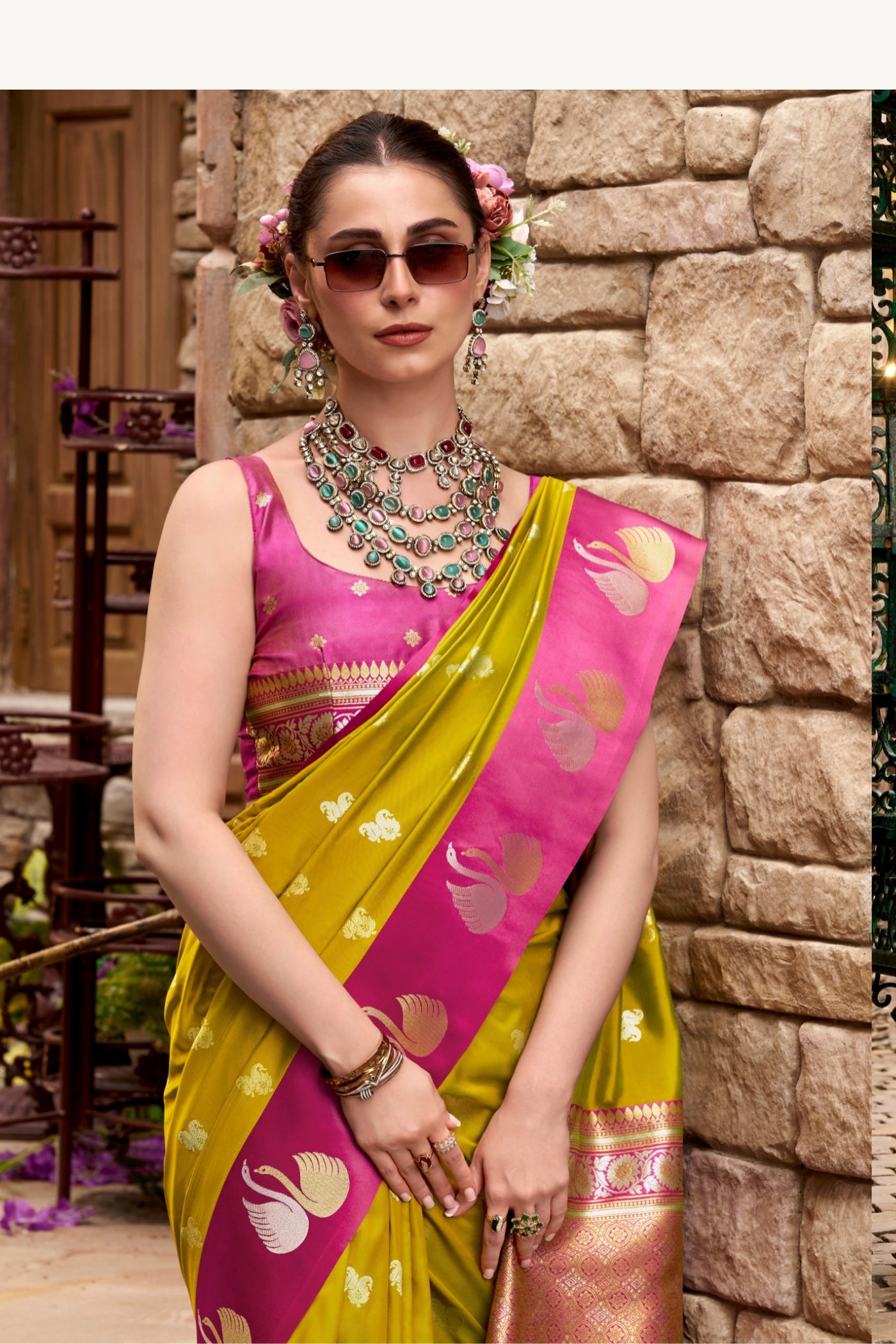 Buy MySilkLove Inchworm Green Woven Satin Soft Silk Saree Online