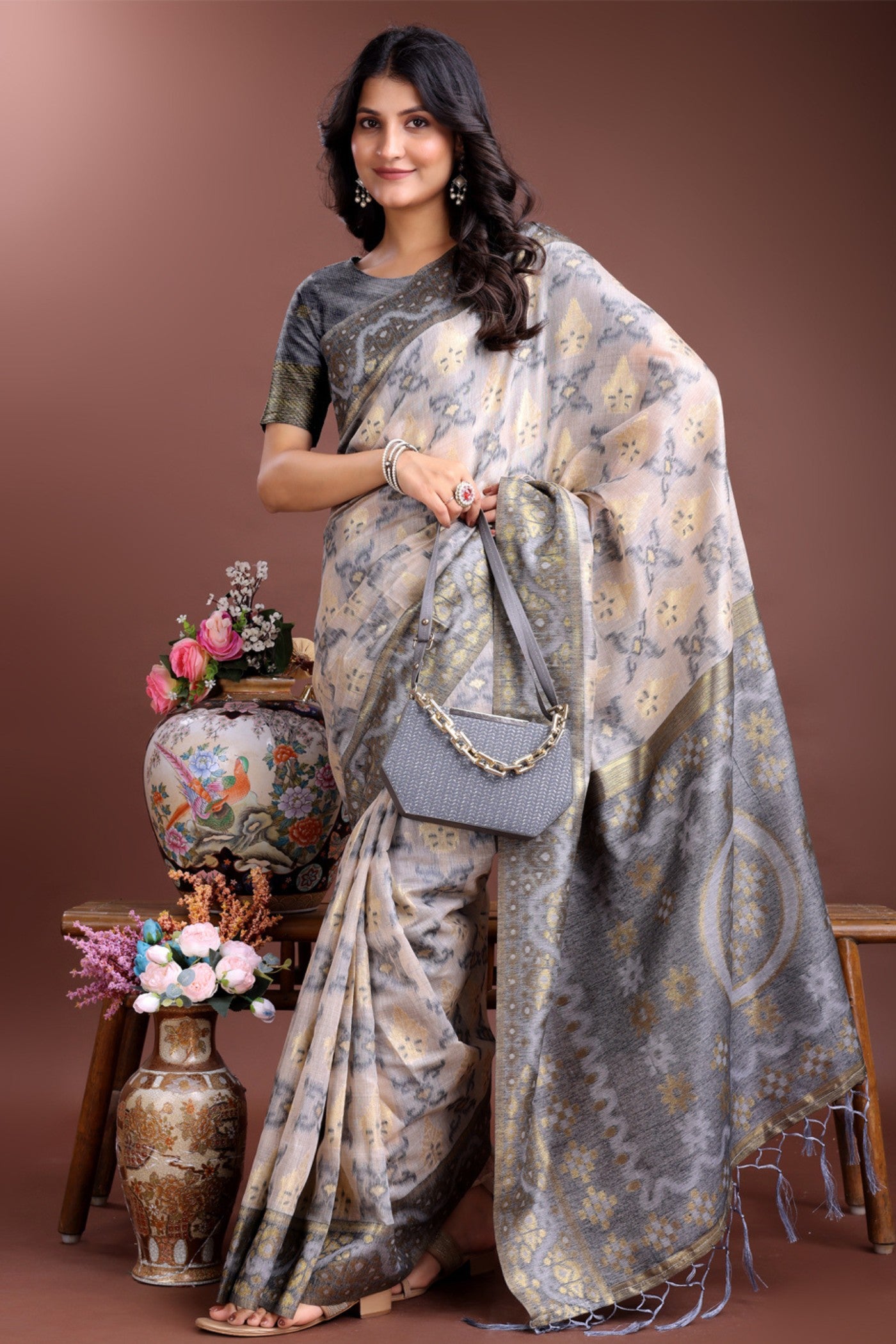 Buy MySilkLove Pewter Grey Linen Cotton Saree Online