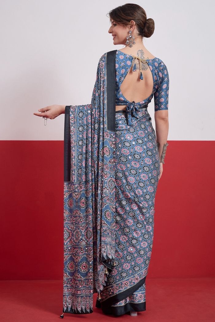 Buy MySilkLove Ocean Blue Modal Ajrakh Satin Printed Mirror Work Saree Online