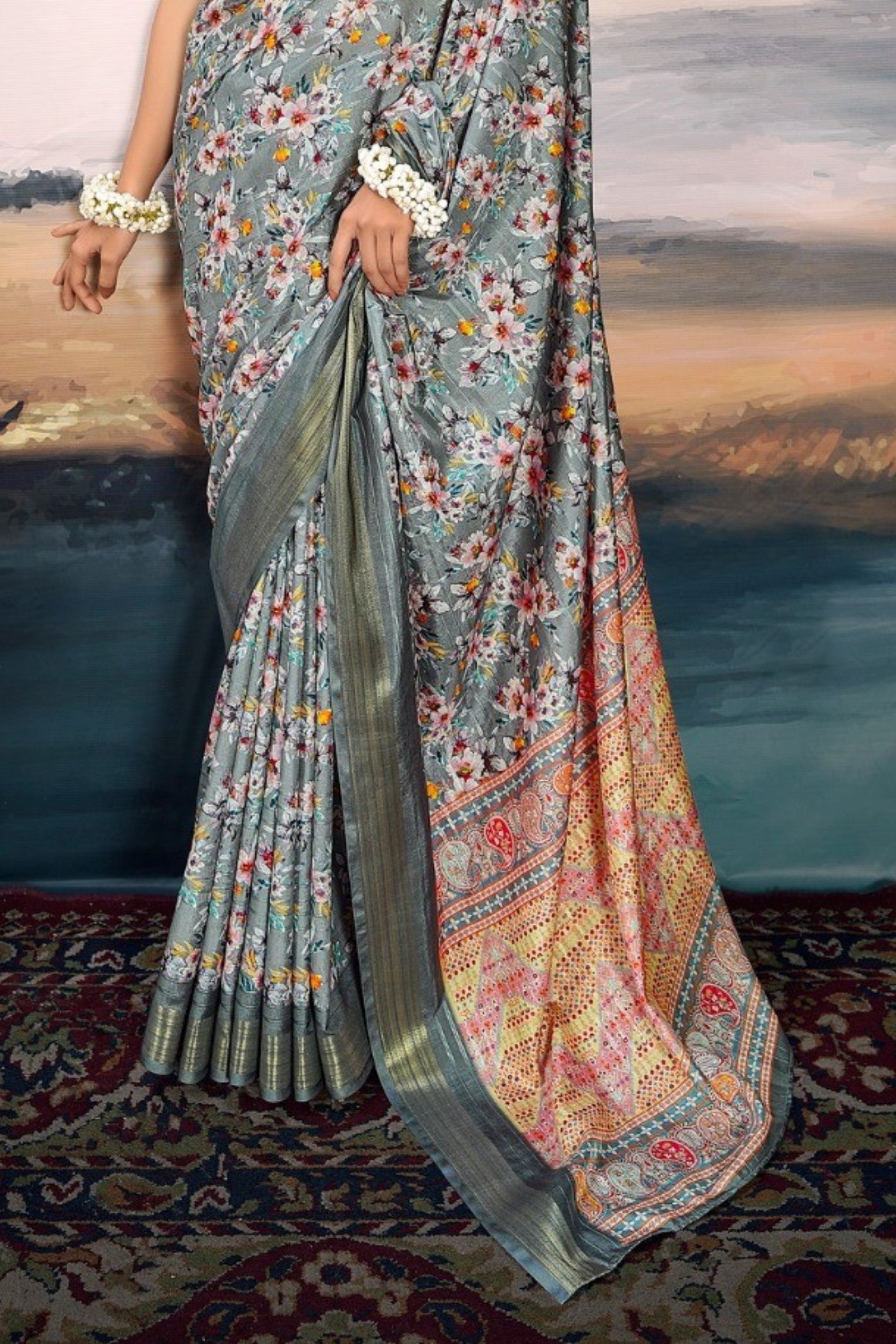 Buy MySilkLove Pale Sky Grey Digital Printed Cotton Saree Online