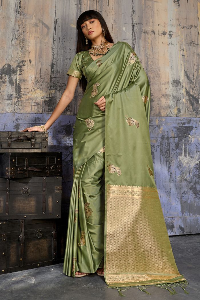 Buy MySilkLove Lime Green Handloom Satin Soft Silk Saree Online