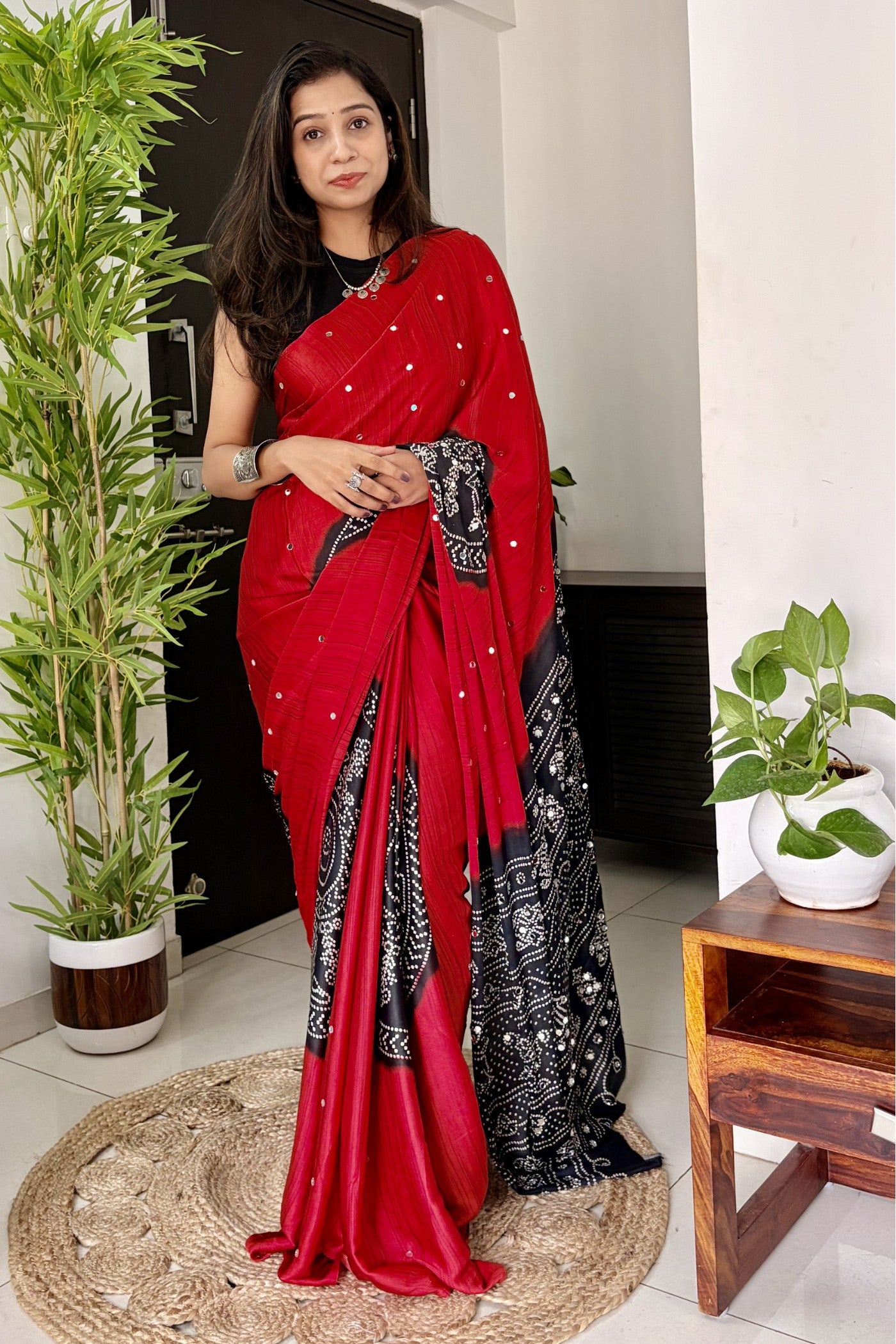 Buy MySilkLove Ruby Red and Black Gaji Bandej Satin Soft Silk Saree Online