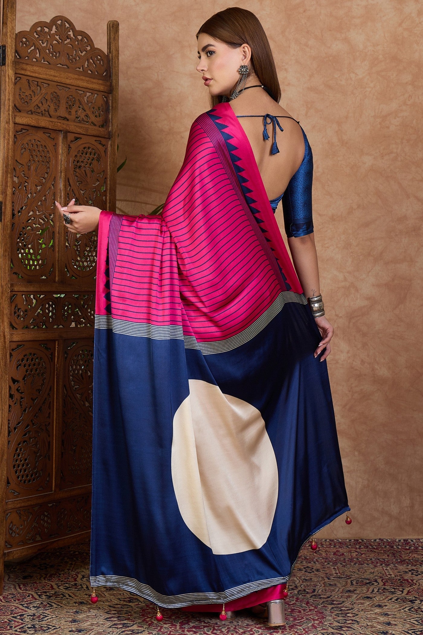 Buy MySilkLove Magenta Pink and Blue Stripe Ajrakh Printed Satin Crepe Silk Saree Online