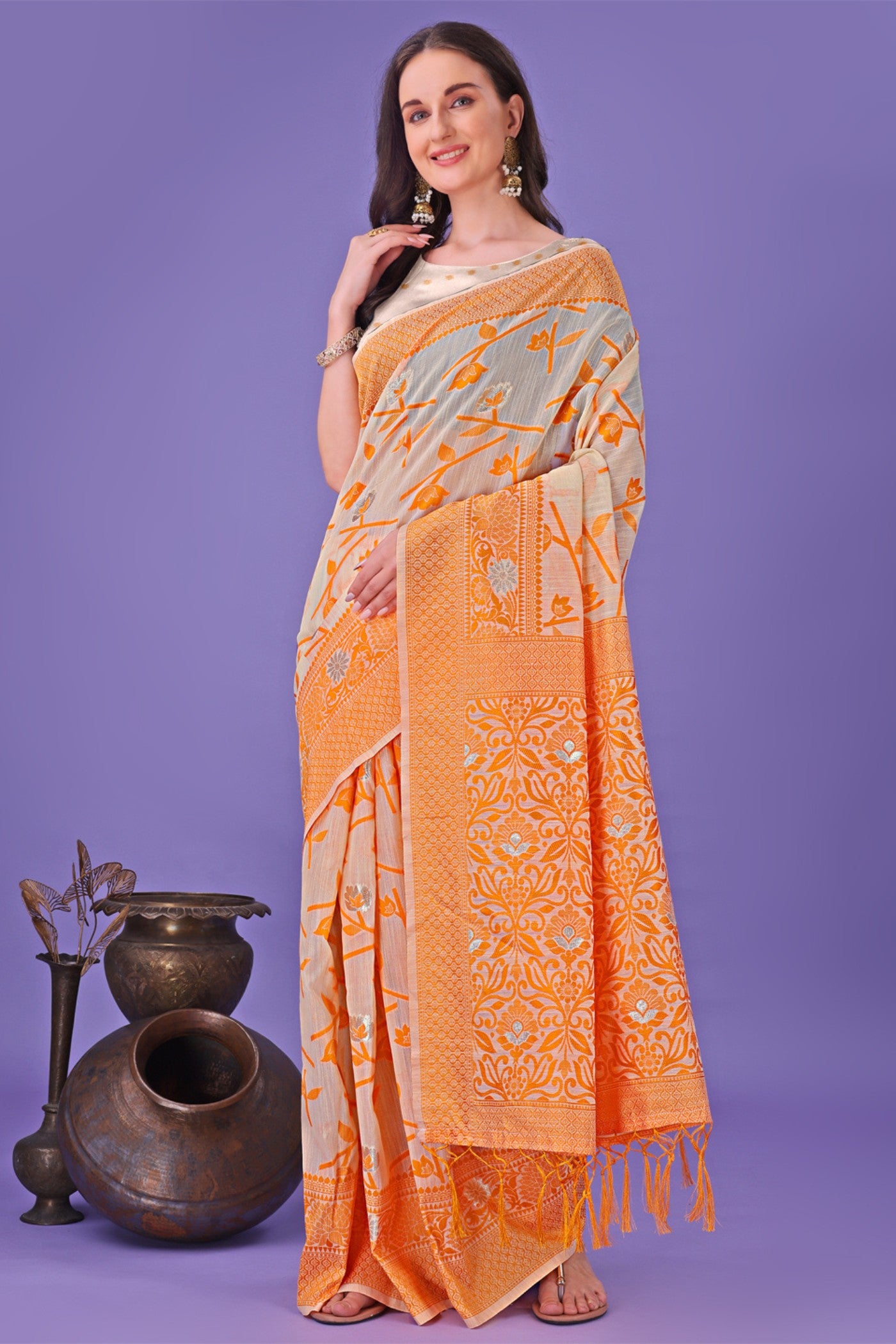 Buy MySilkLove Carrot Orange Linen Cotton Saree Online