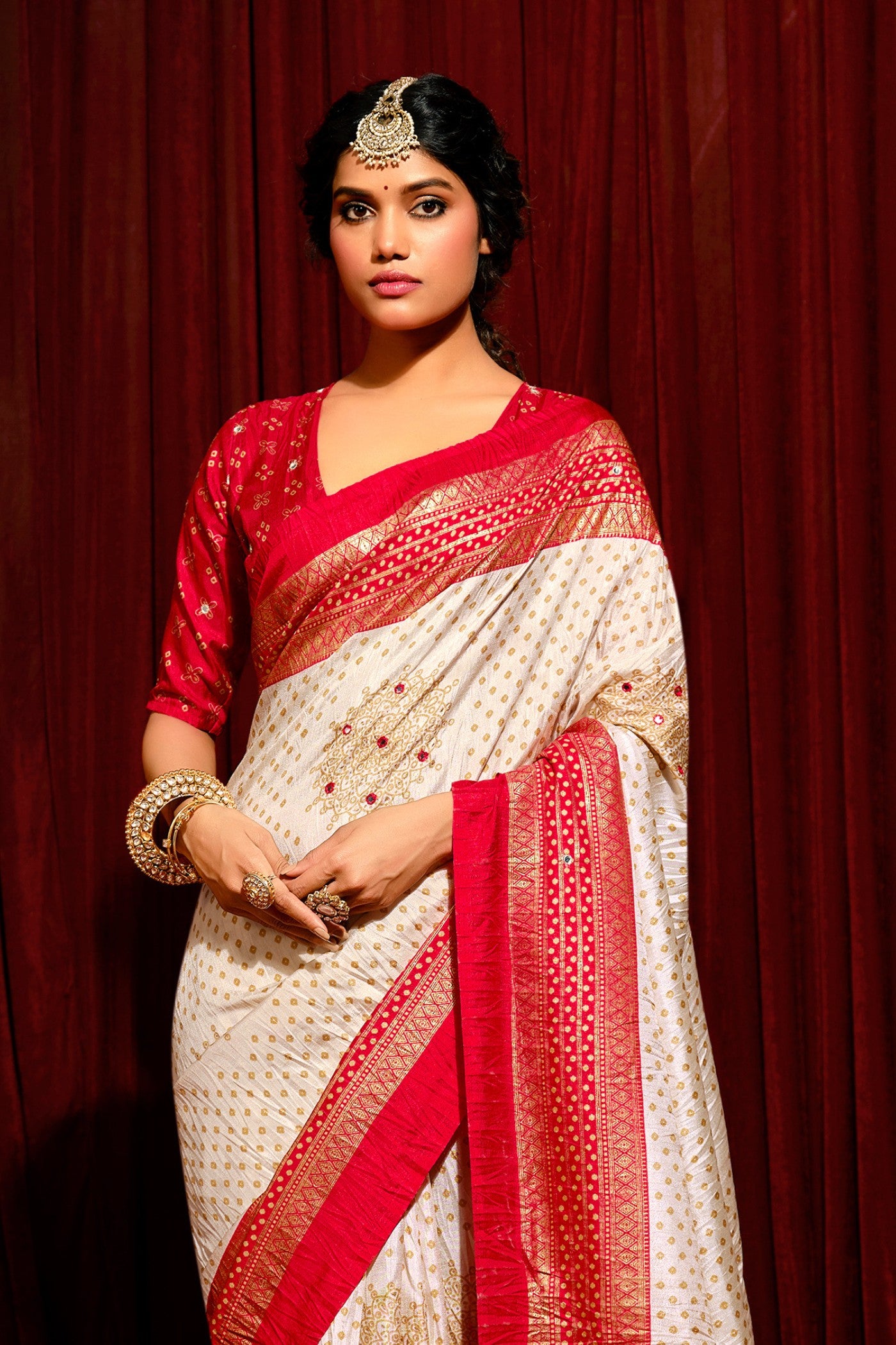 Buy MySilkLove Feather White Tussar Bandhani Silk Saree Online
