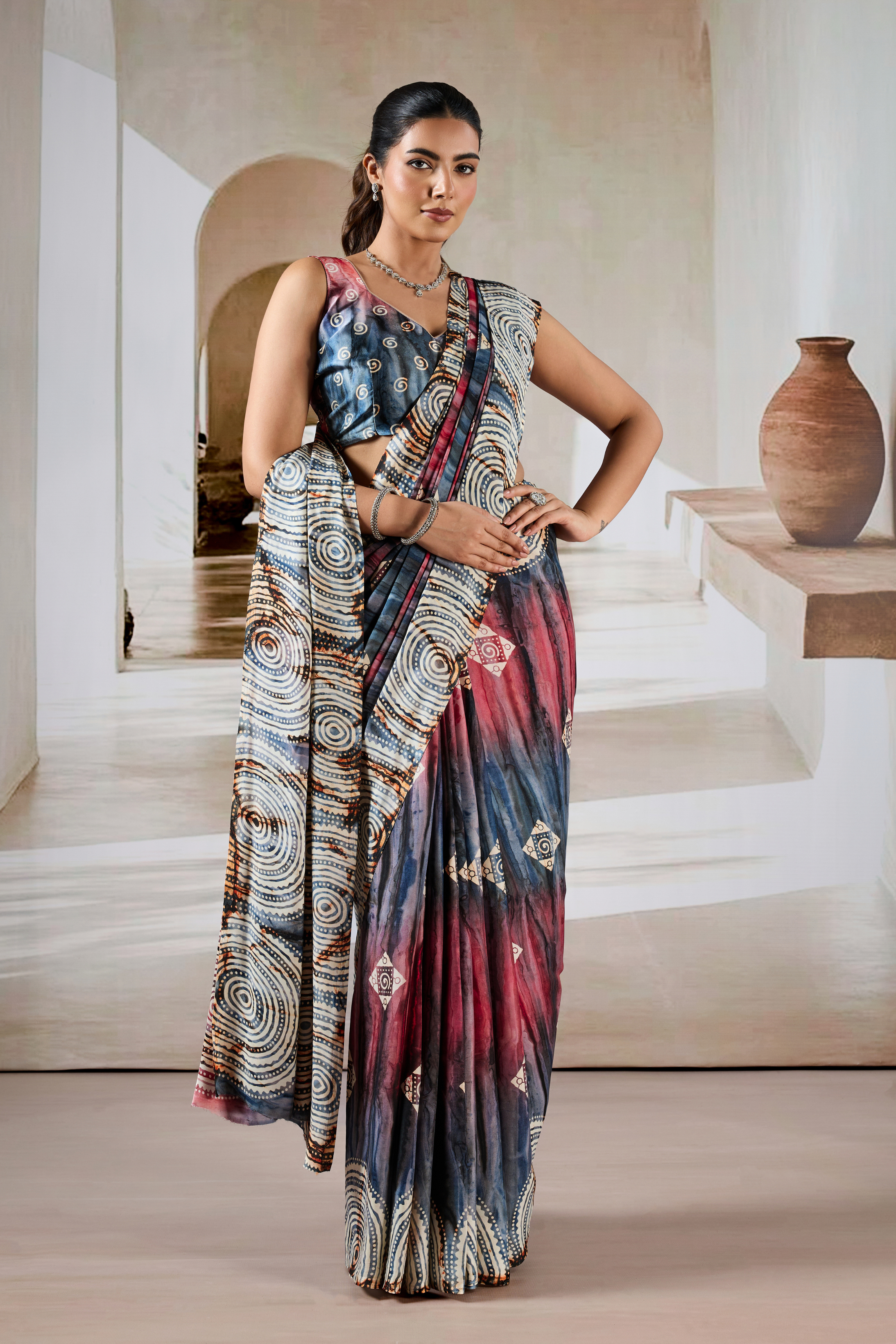 Buy MySilkLove Brown And Grey Modal Satin Hand Prism Print Saree Online