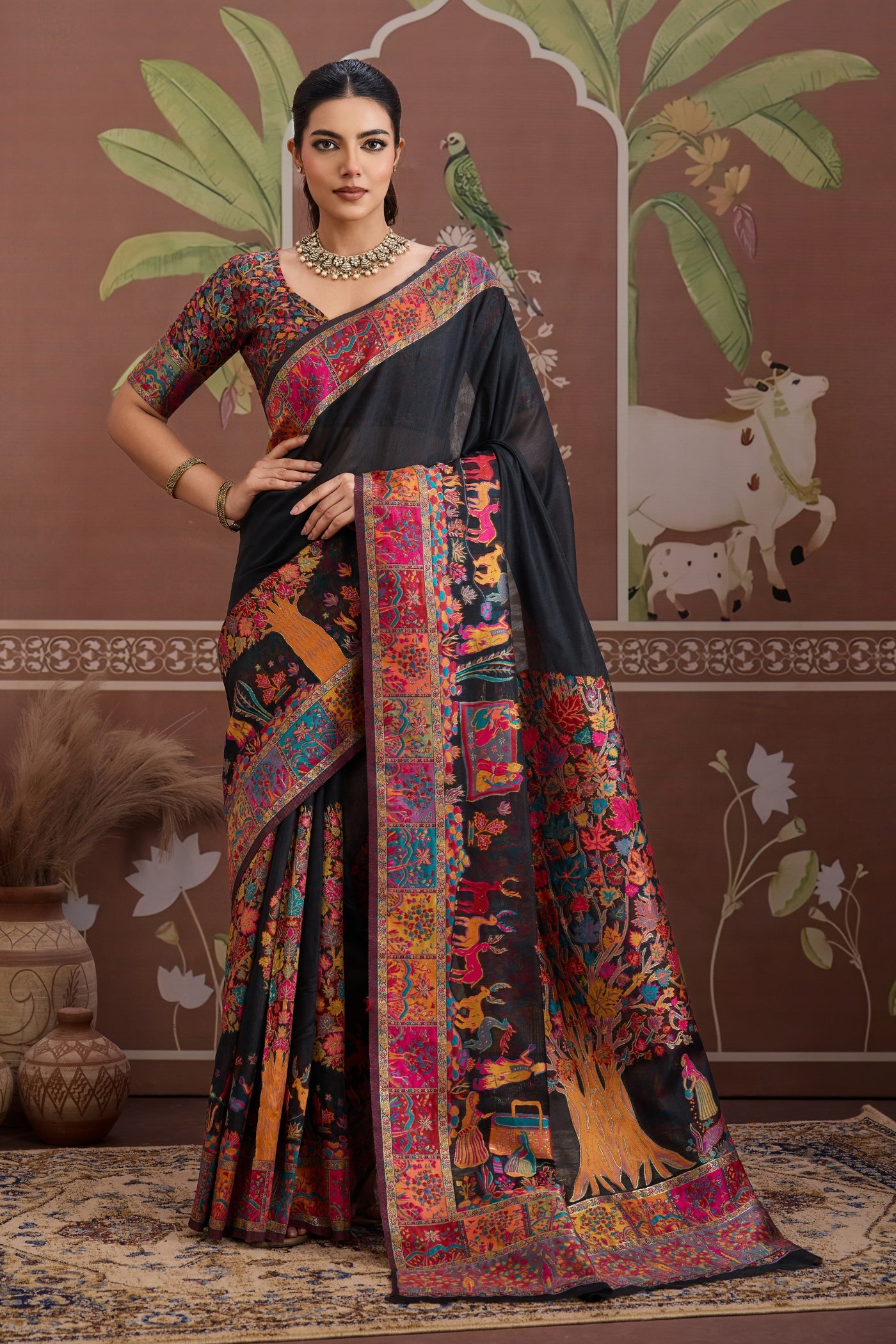 Buy MySilkLove Coral Black Kashmiri Handllom Jamewar Saree Online