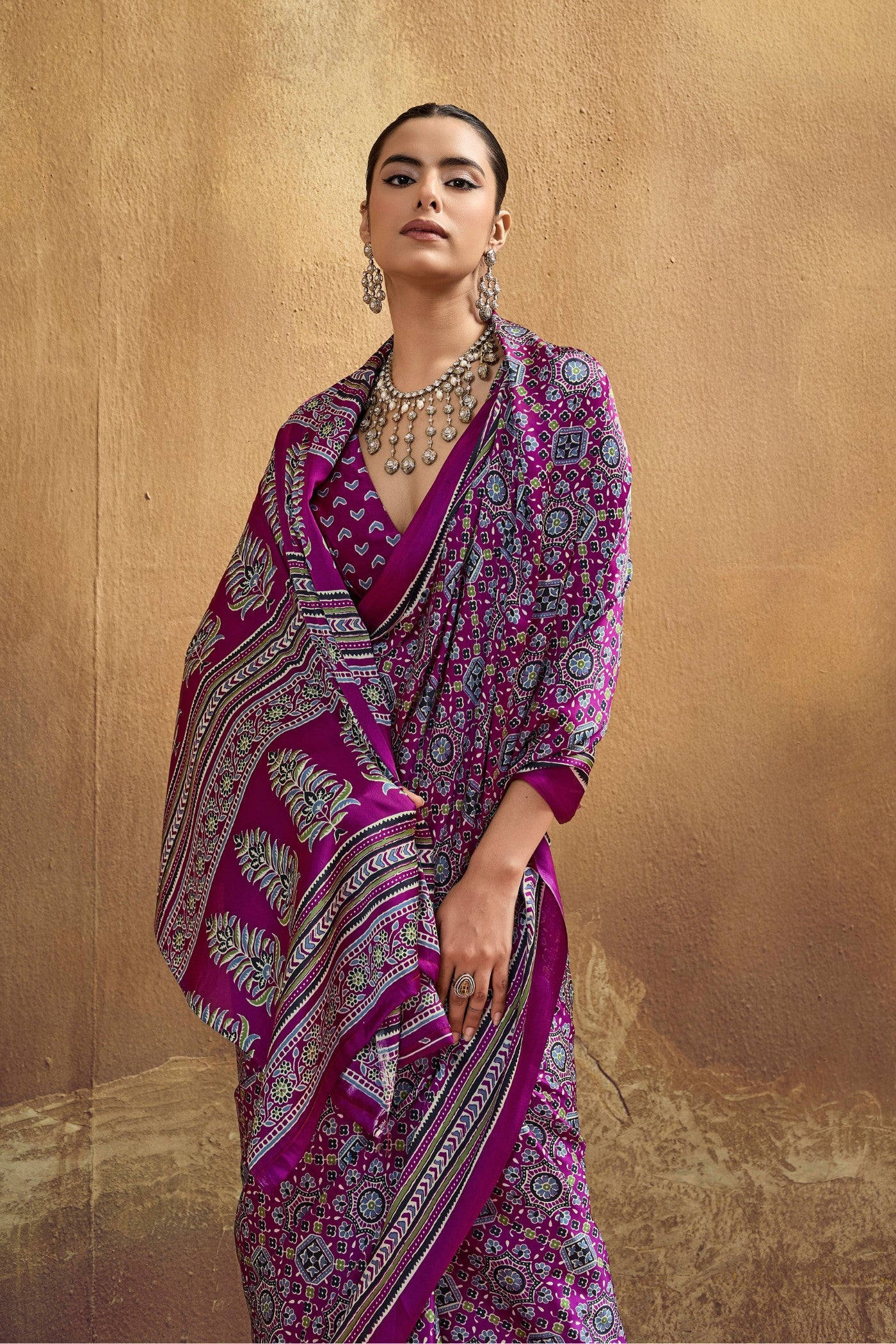 MySilkLove Violet Purple Modal Ajrakh Satin Printed Silk Saree