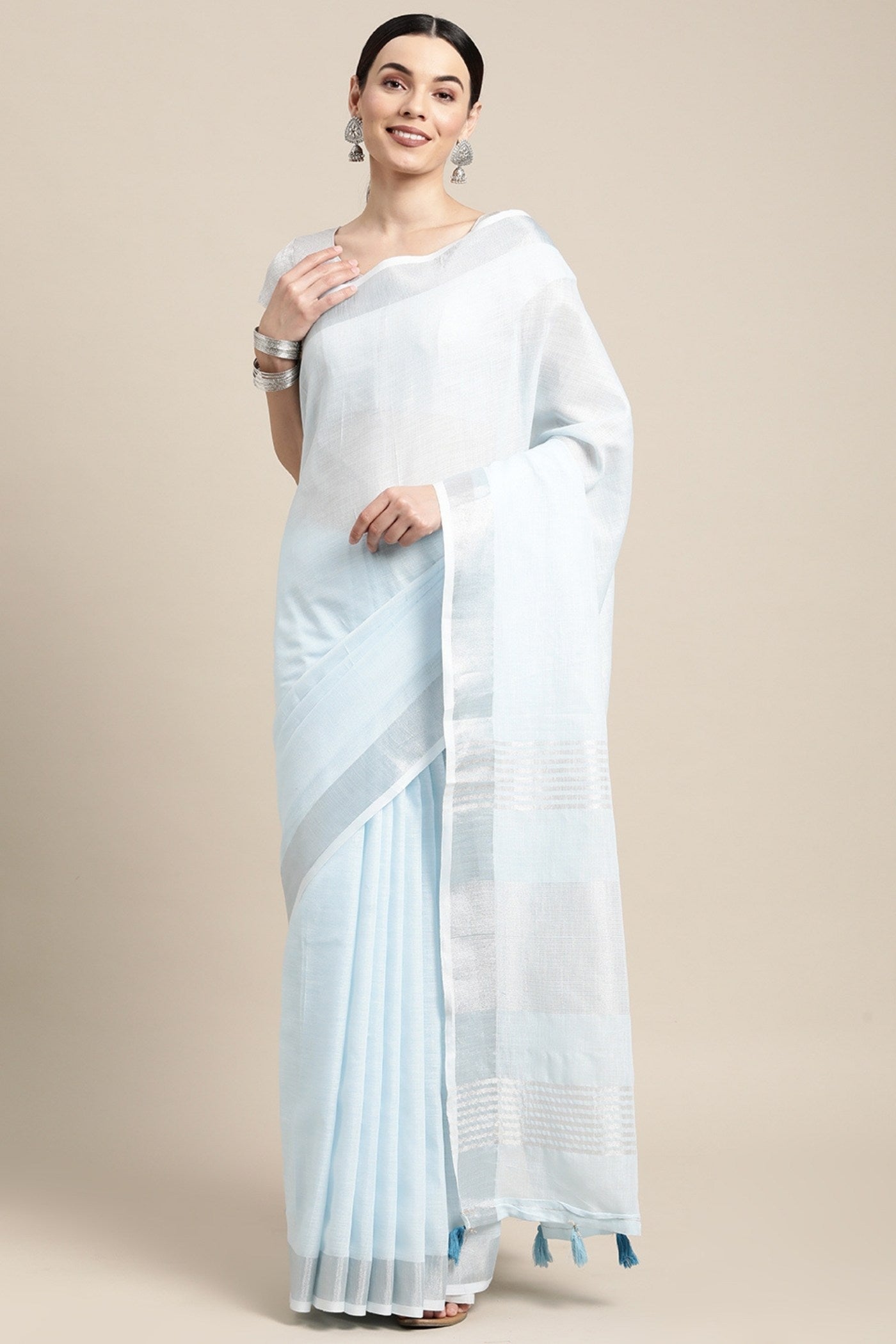 Buy MySilkLove Powder Blue Woven Linen Cotton Saree Online