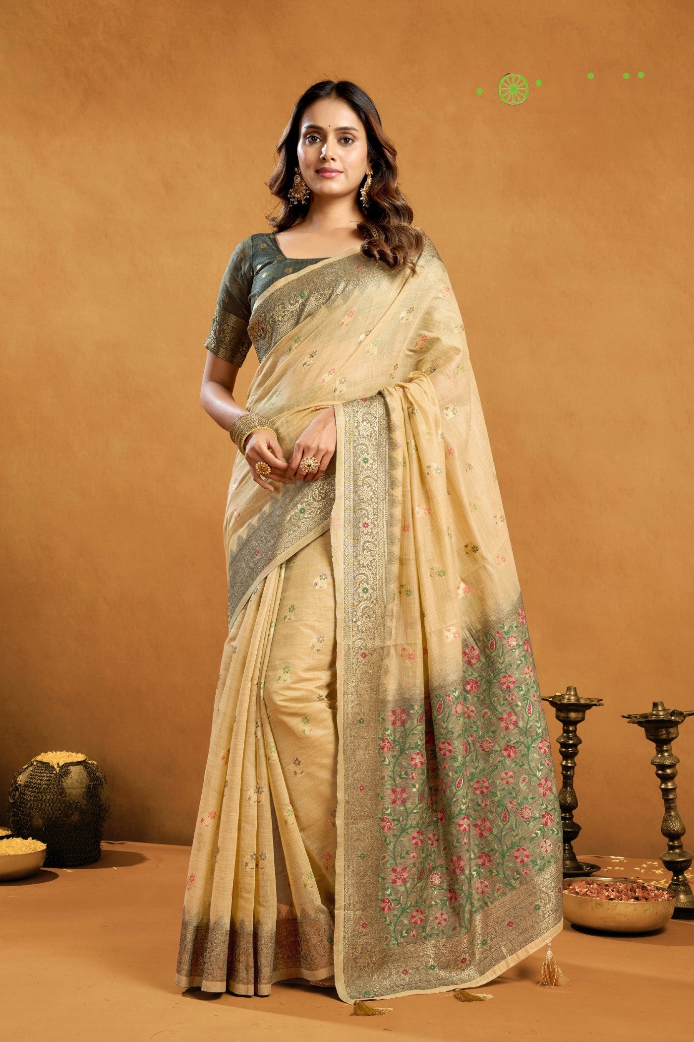 Buy MySilkLove Vibrant Cream Handloom Cotton Saree Online