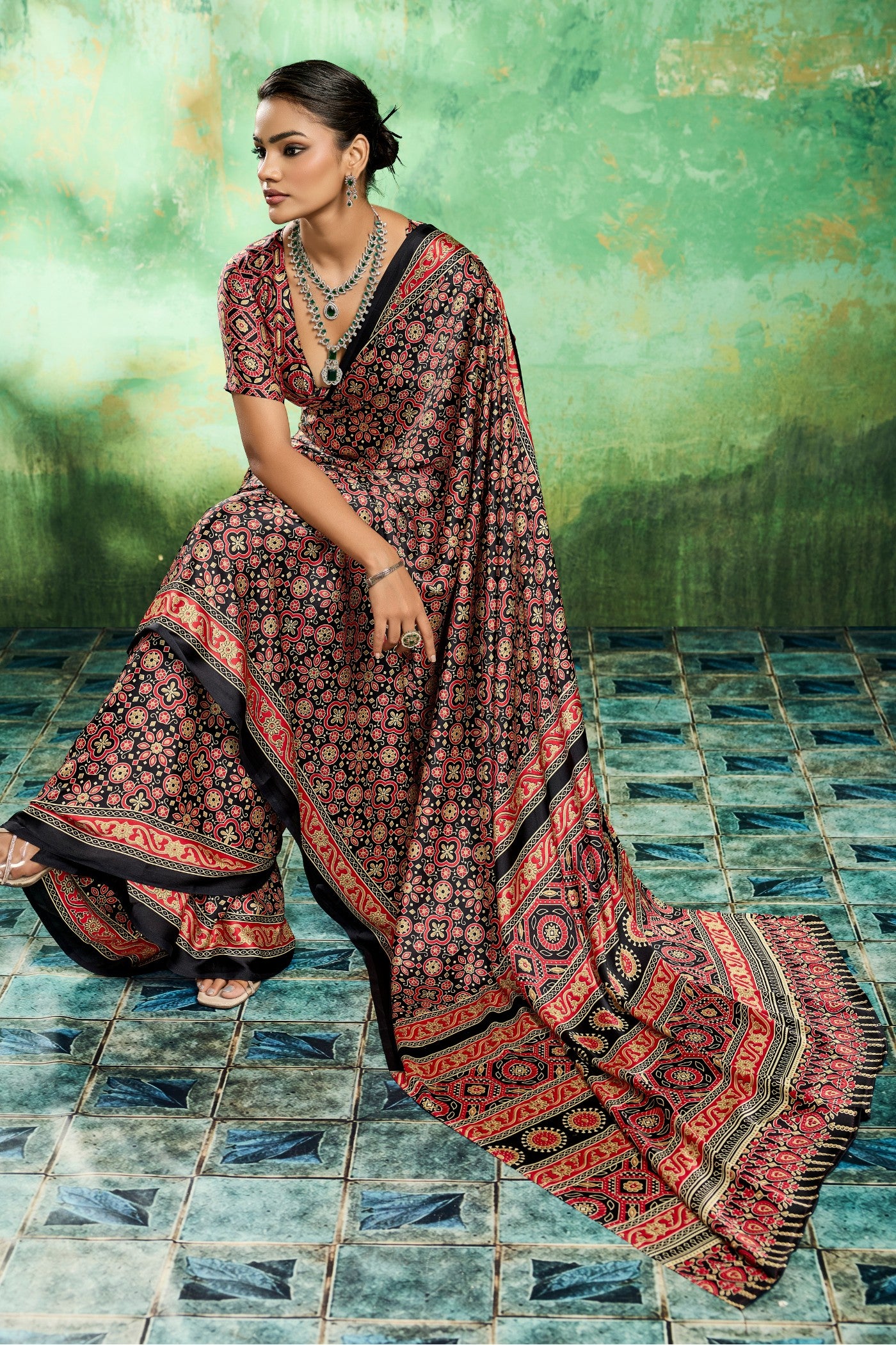 Buy MySilkLove Raven Glow Black Modal Ajrakh Satin Printed Silk Saree Online