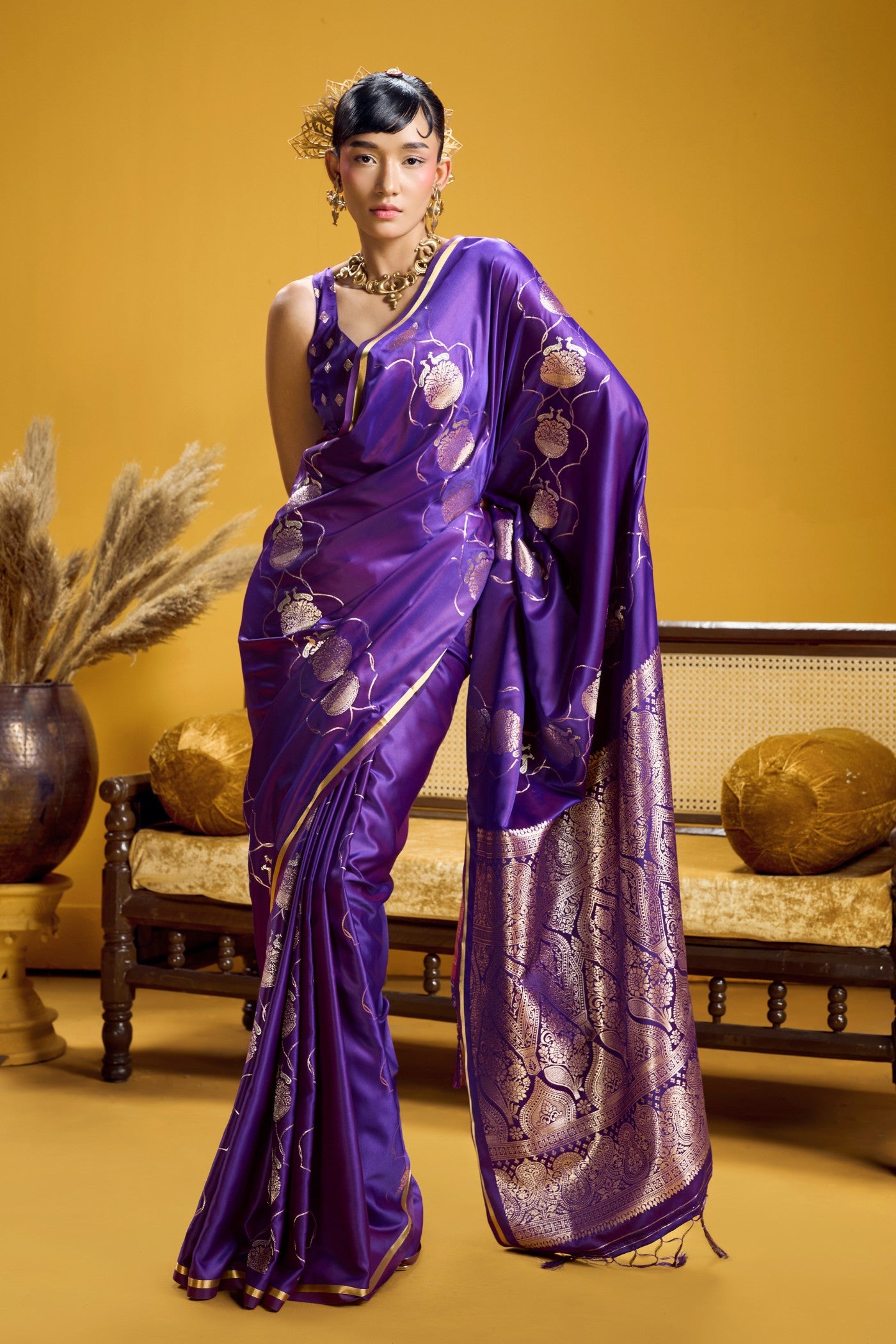 Buy MySilkLove Dark Purple Handloom Satin Silk Saree Online
