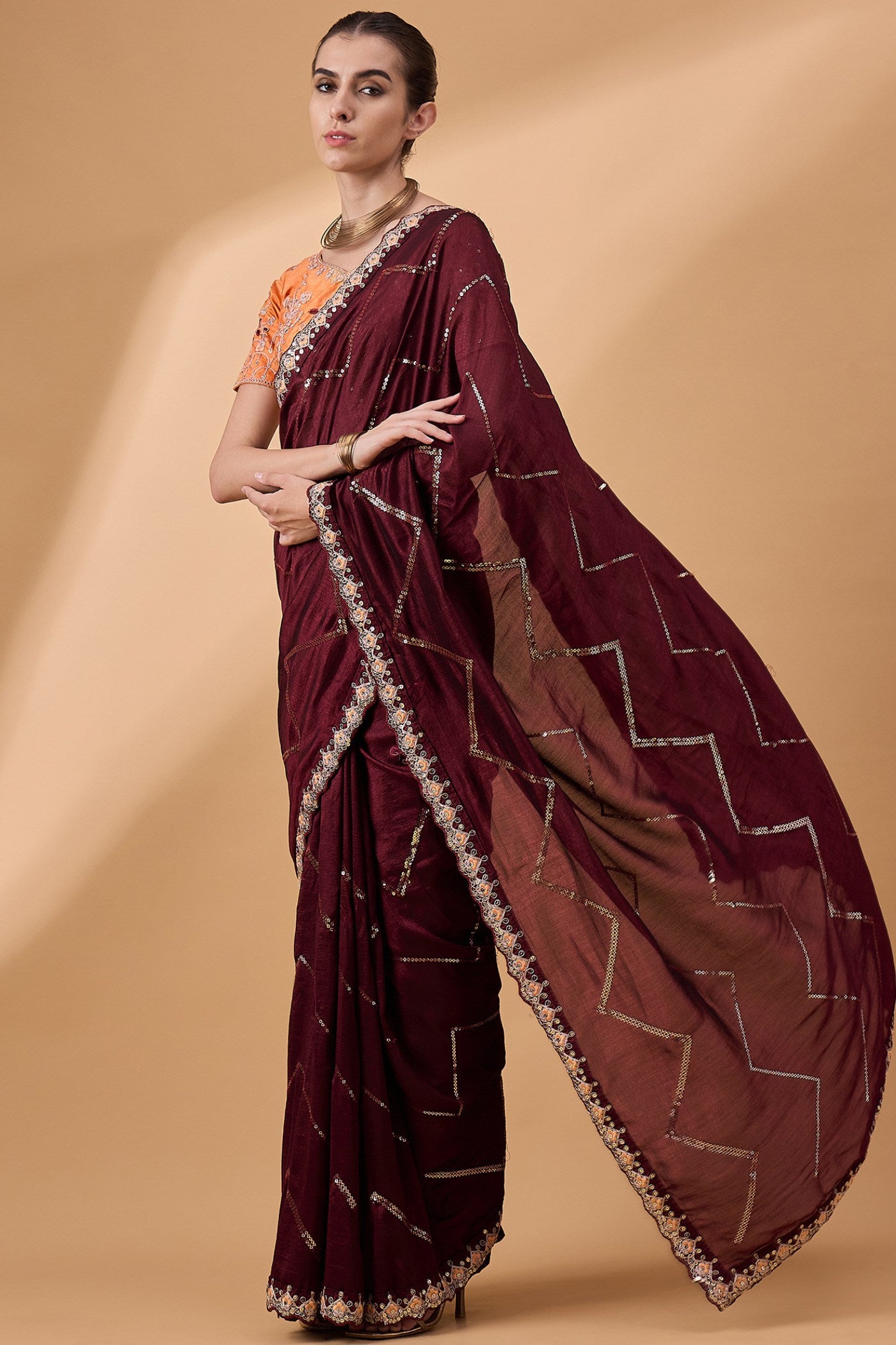 Buy MySilkLove Cowboy Brown Chinon Partywear Saree Online