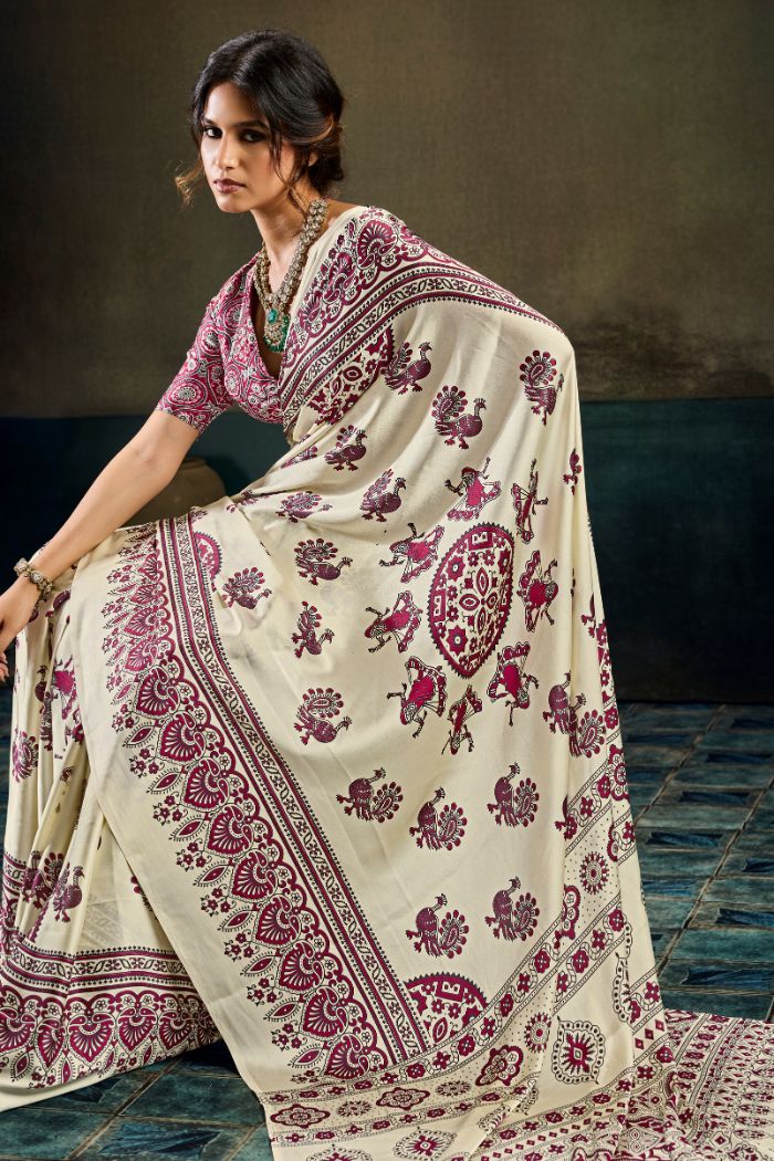 Buy MySilkLove Coconut Cream Modal Ajrakh Satin Printed Silk Saree Online