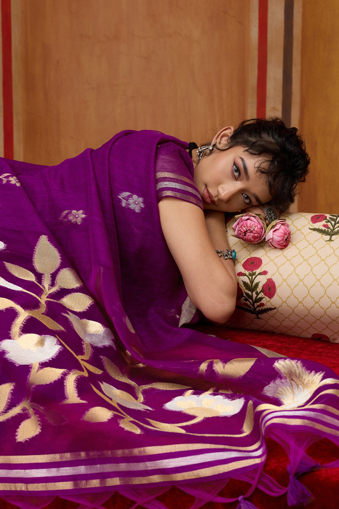 Buy MySilkLove Daisy Purple Handloom Munga Cotton Saree Online