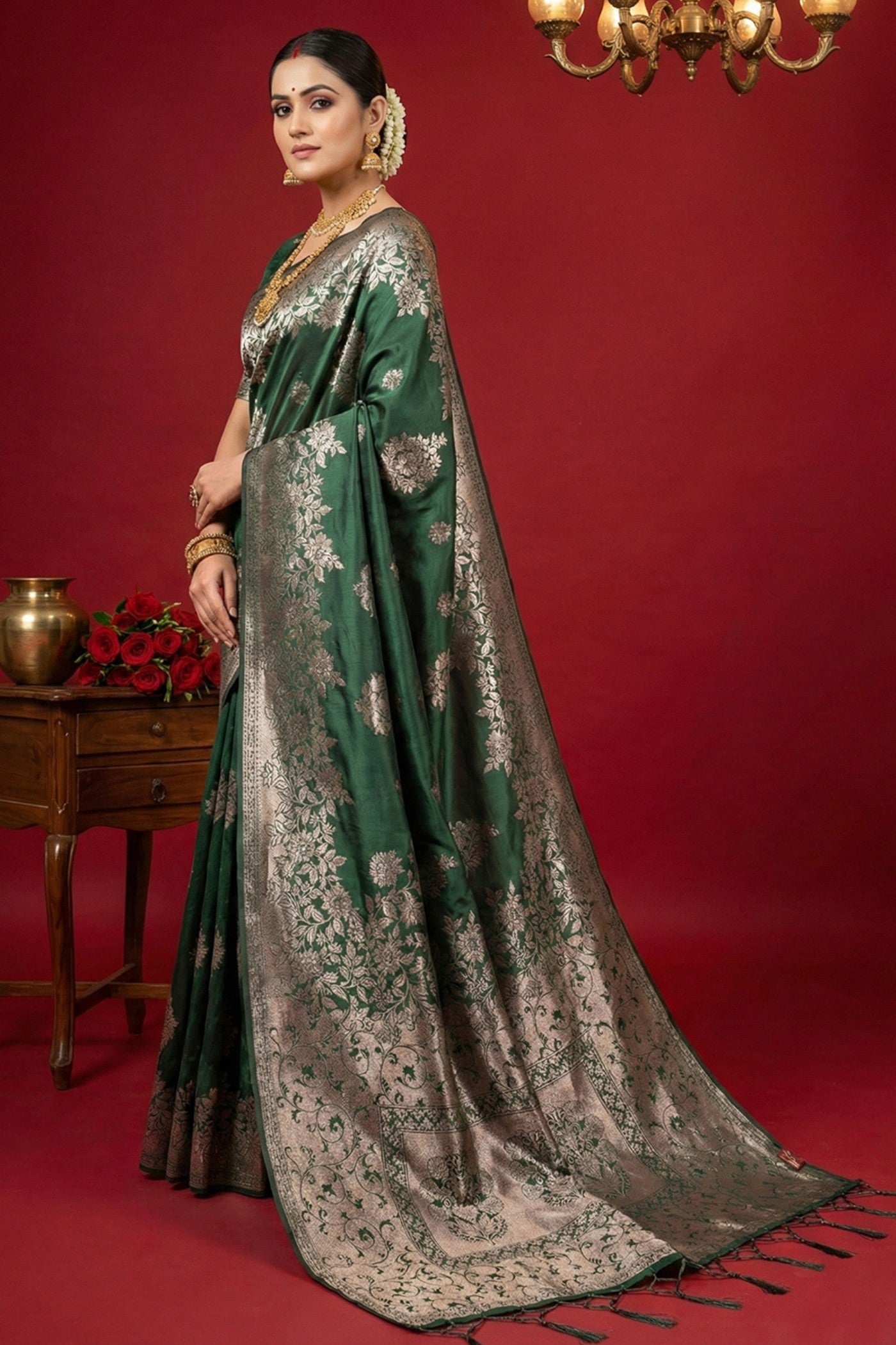 Buy MySilkLove Hunter Green Woven Banarasi Silk Saree Online