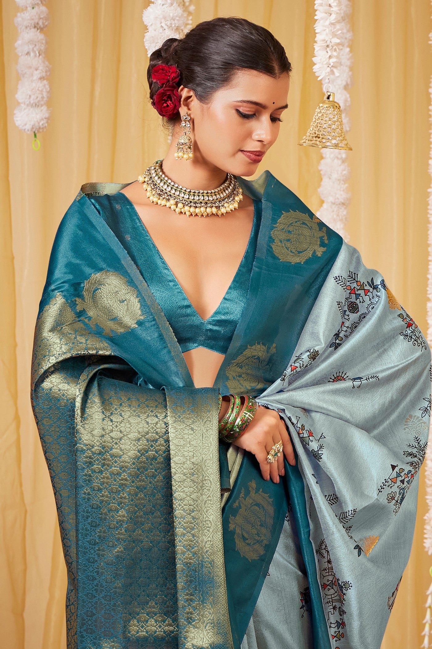 Buy MySilkLove Neptune Blue Kalamkari Printed Saree Online