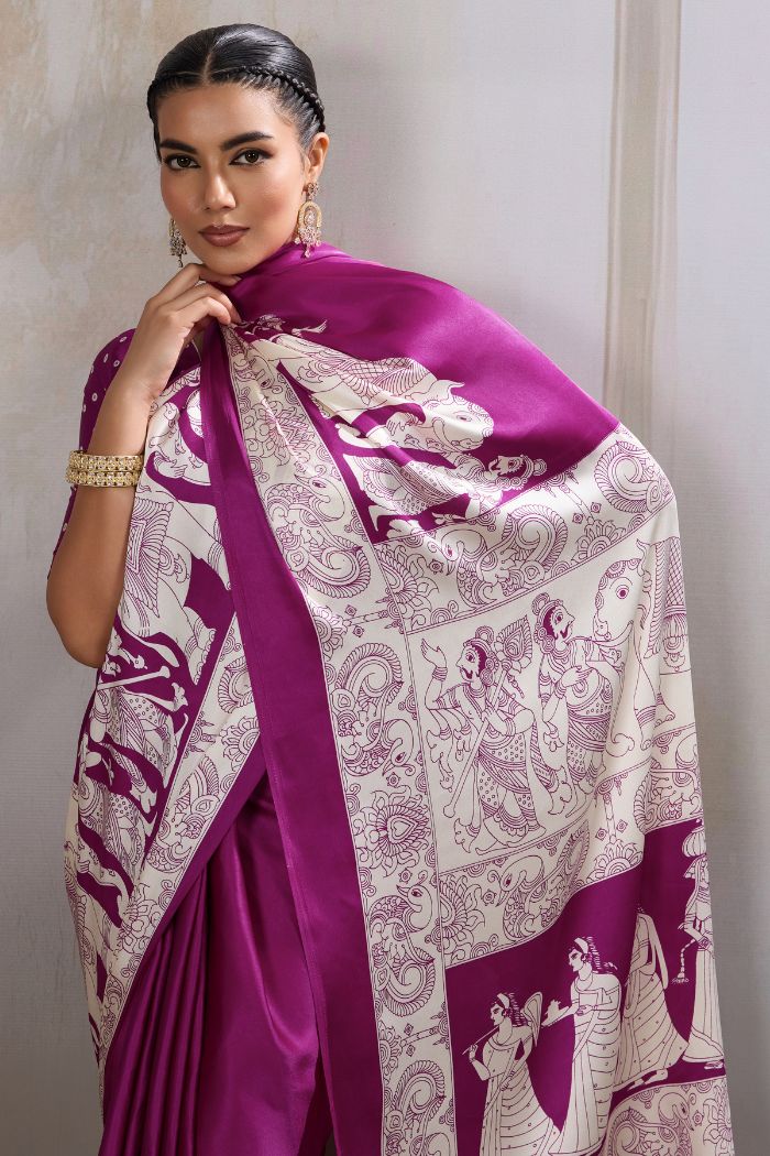 MySilkLove Cosmic Purple Modal Ajrakh Printed Satin Silk Saree