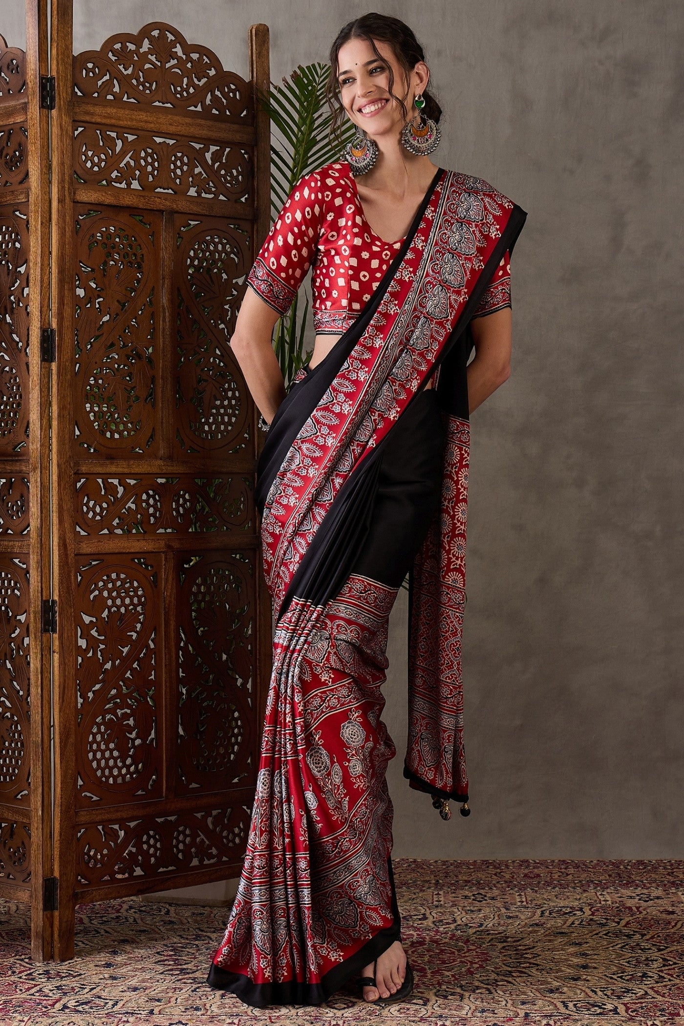 Buy MySilkLove Pitch Black Printed Satin Gaji Silk Saree Online