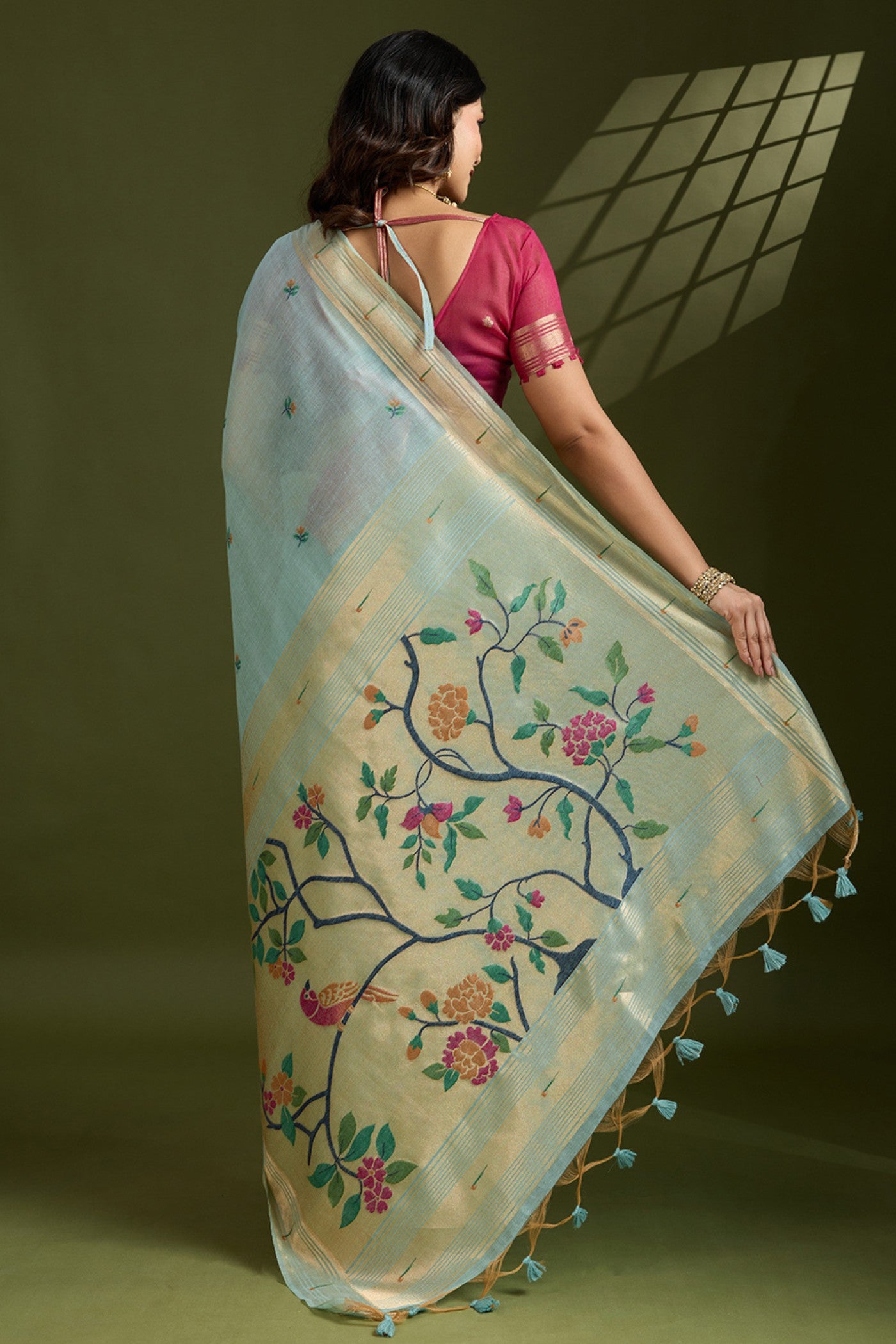 Buy MySilkLove Tiffany Blue Woven Muga Cotton Paithani Saree Online