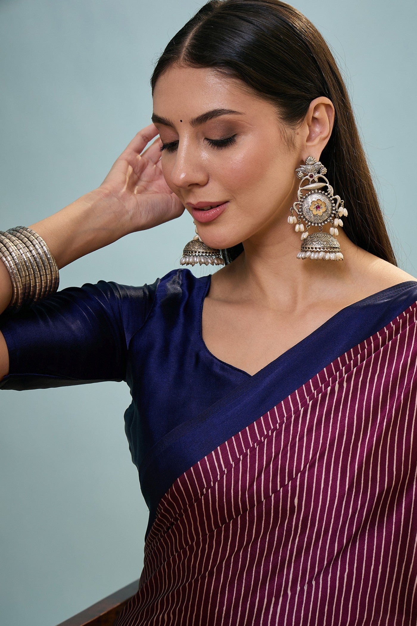 Buy MySilkLove Dark Purple Ajrakh Printed Satin Crepe Silk Saree Online