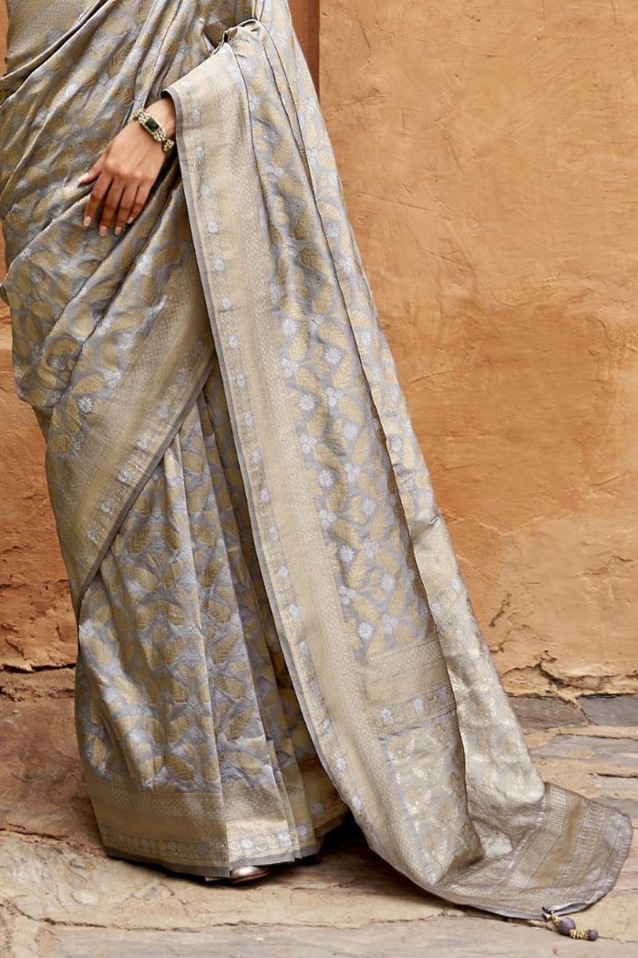 Buy MySilkLove Silver Grey Woven Banarasi Saree Online