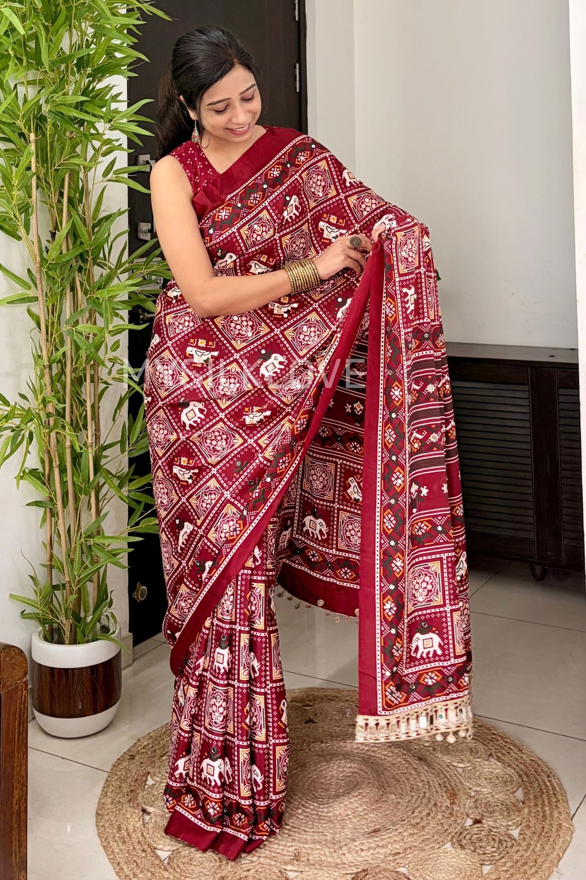 Buy MySilkLove Fiery Maroon Mirror Work Patola Saree with Mirror Work Border Online