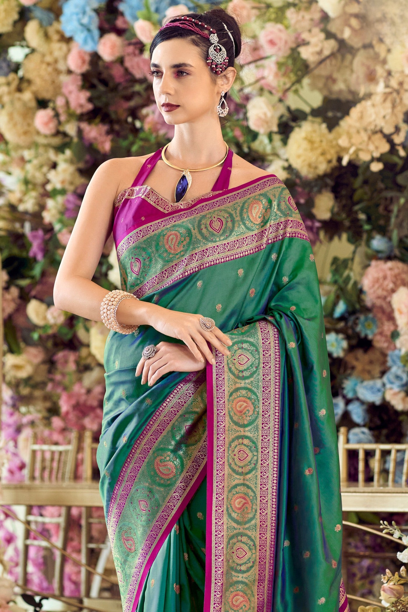 Buy MySilkLove Goblin Green Woven Banarasi Soft Silk Saree Online