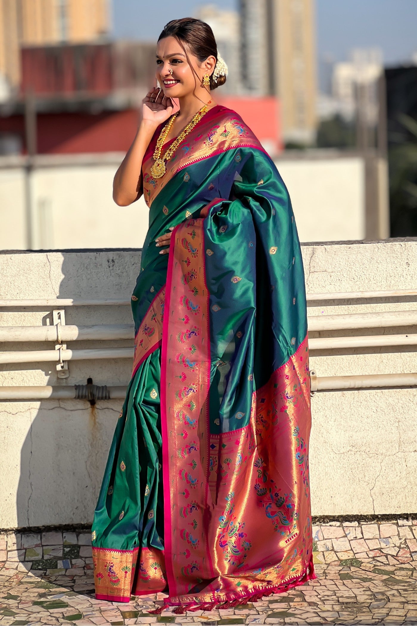 Buy MySilkLove Blue Stone Woven Lotus Paithani Saree Online