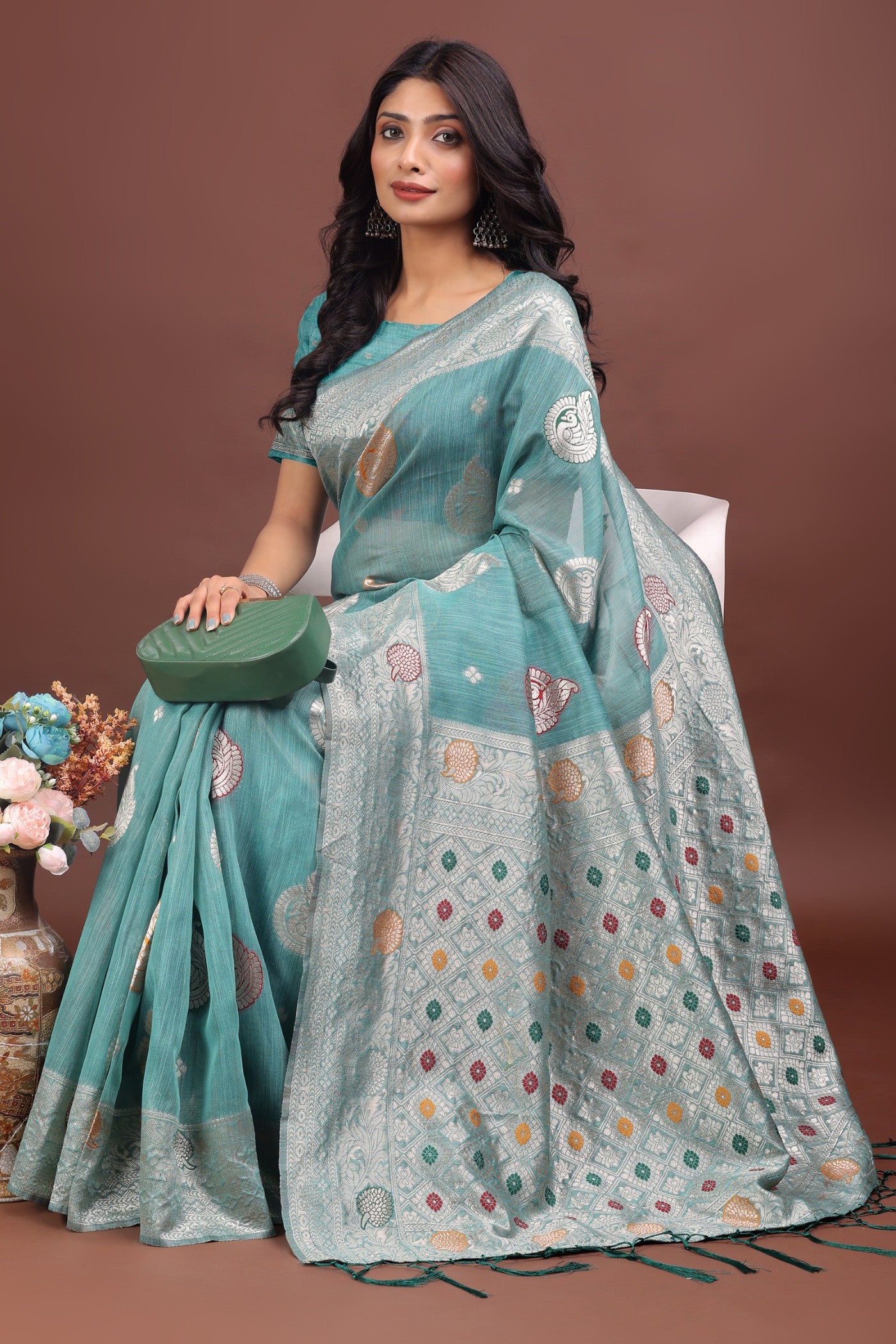 MySilkLove Pacific Blue Linen Cotton Saree