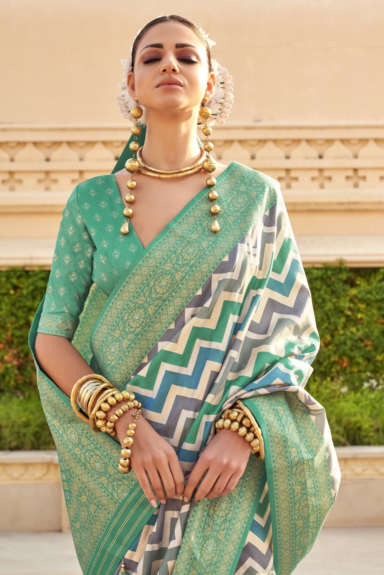 Buy MySilkLove Summer Green Woven Patola Printed Silk Saree Online