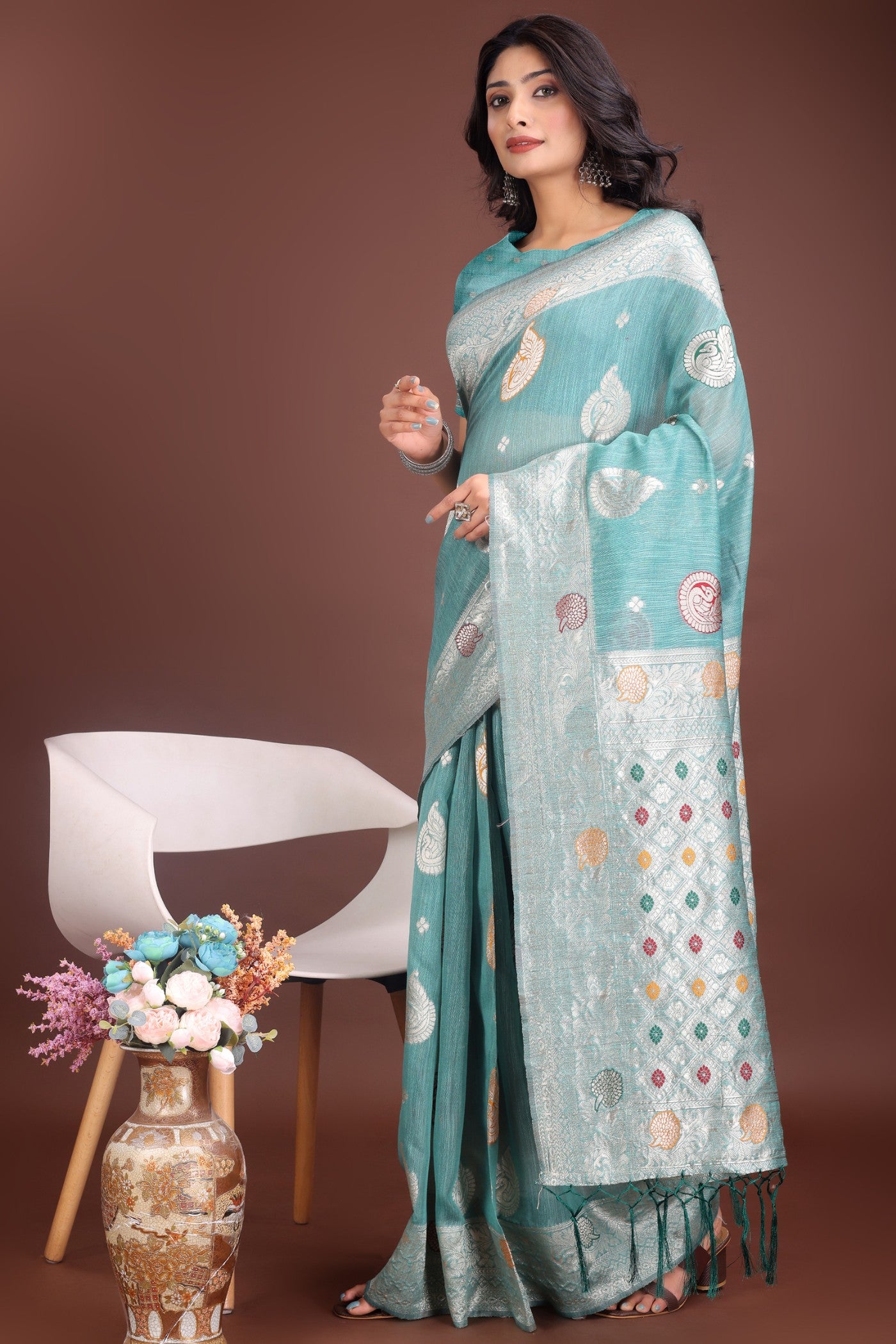 Buy MySilkLove Pacific Blue Linen Cotton Saree Online