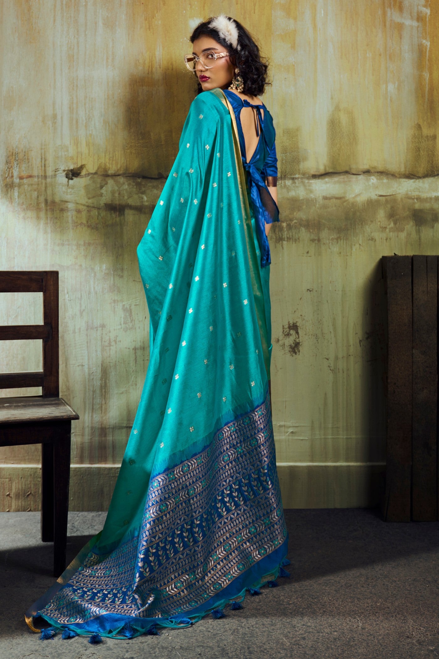 Buy MySilkLove Aqua Blue Tussar Handloom Silk Saree Online