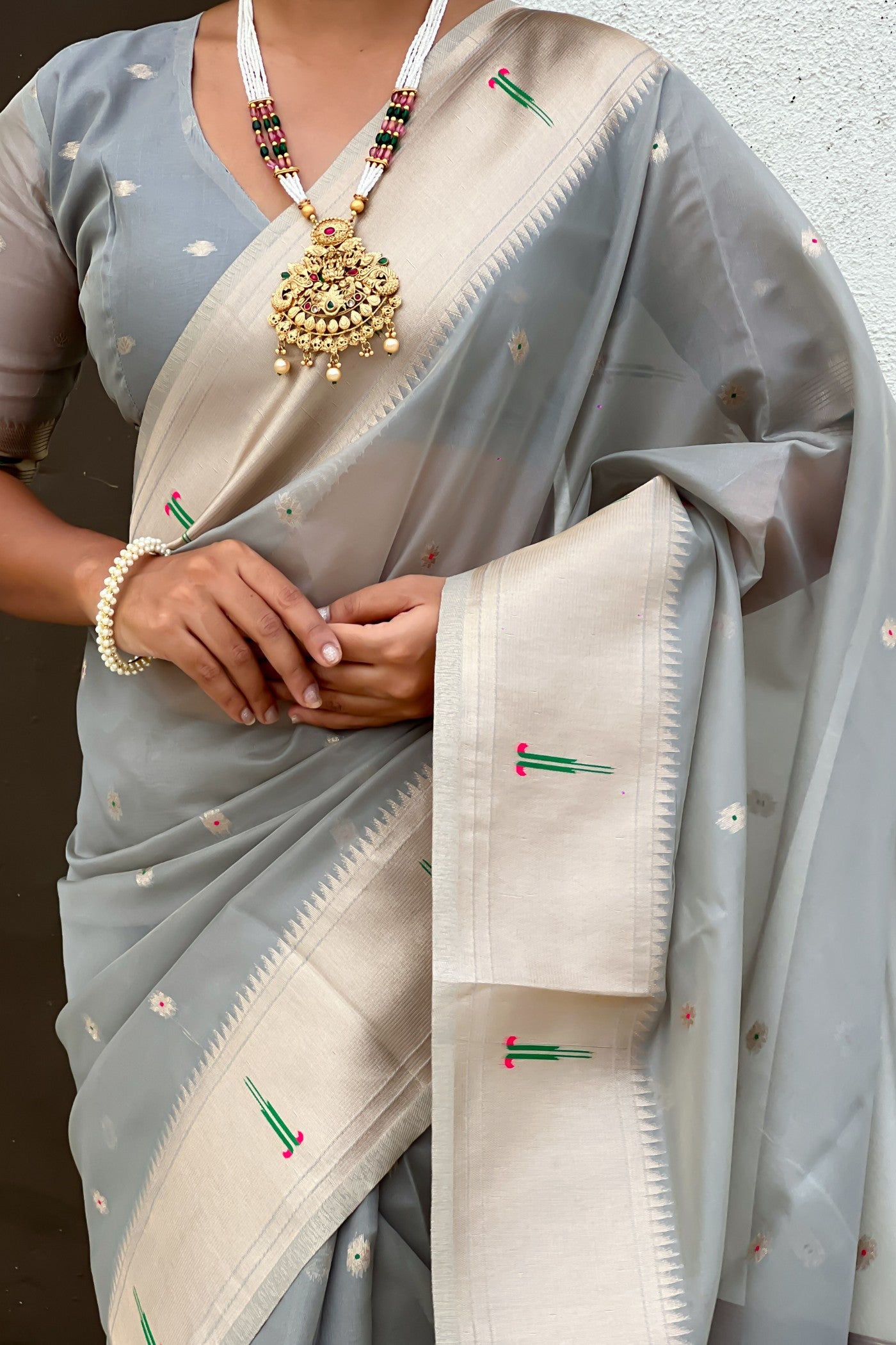 Buy MySilkLove Steel Grey Organza Woven Paithani Saree Online