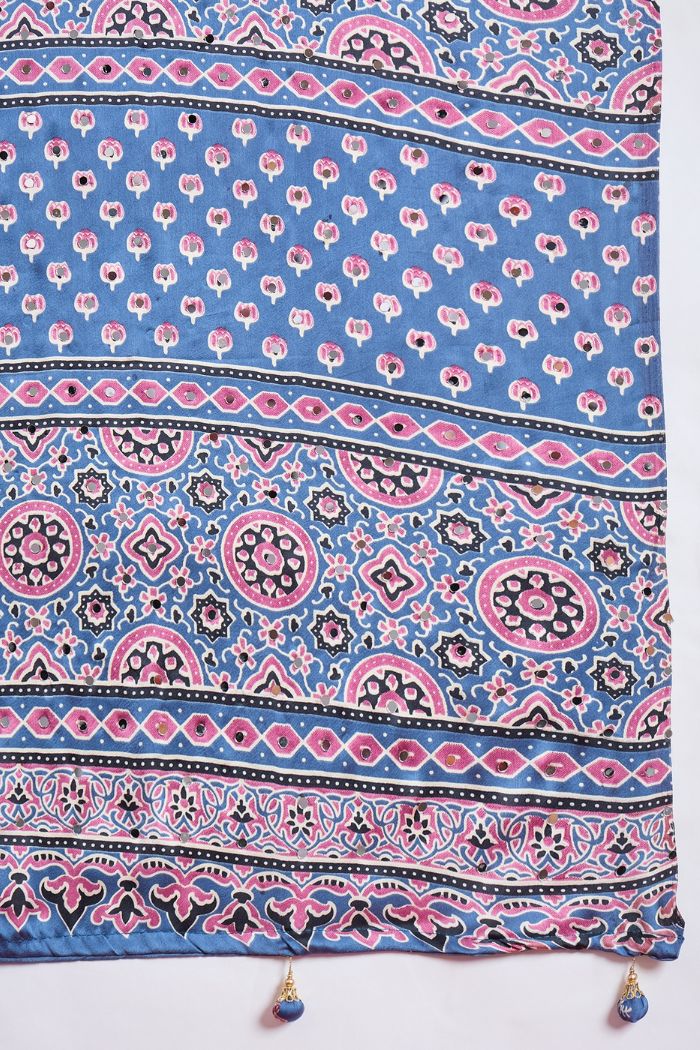 Buy MySilkLove Cloud Blue Modal Ajrakh Satin Printed Mirror Work Saree Online