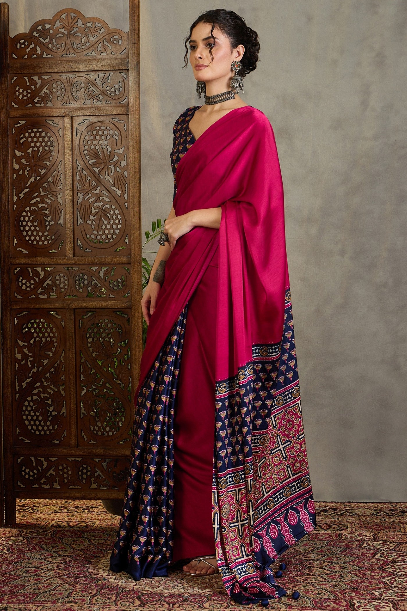 Buy MySilkLove Rose Pink and Blue Ajrakh Printed Satin Crepe Silk Saree Online