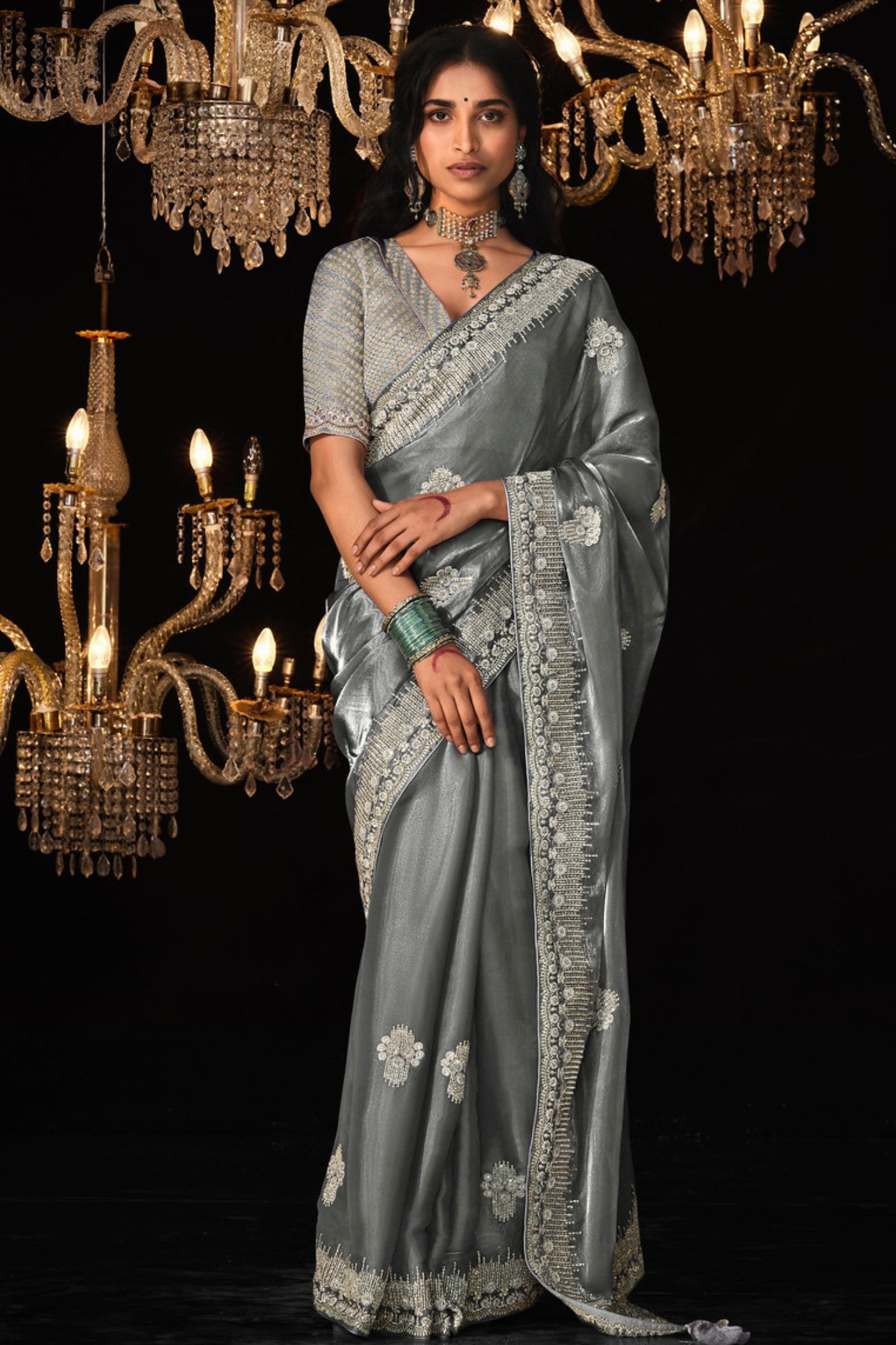 Buy MySilkLove Graphite Grey Tissue Embroidered Designer Saree Online