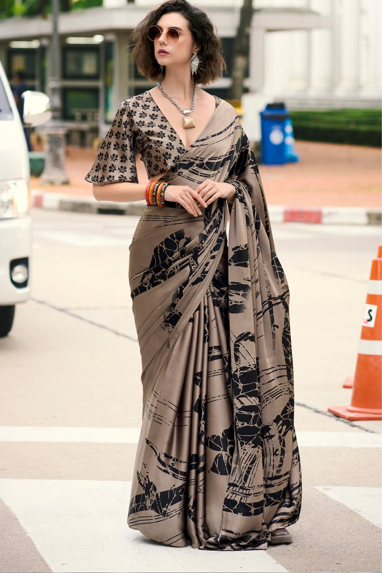 Buy MySilkLove Espresso Brown Printed Satin Crepe Saree Online