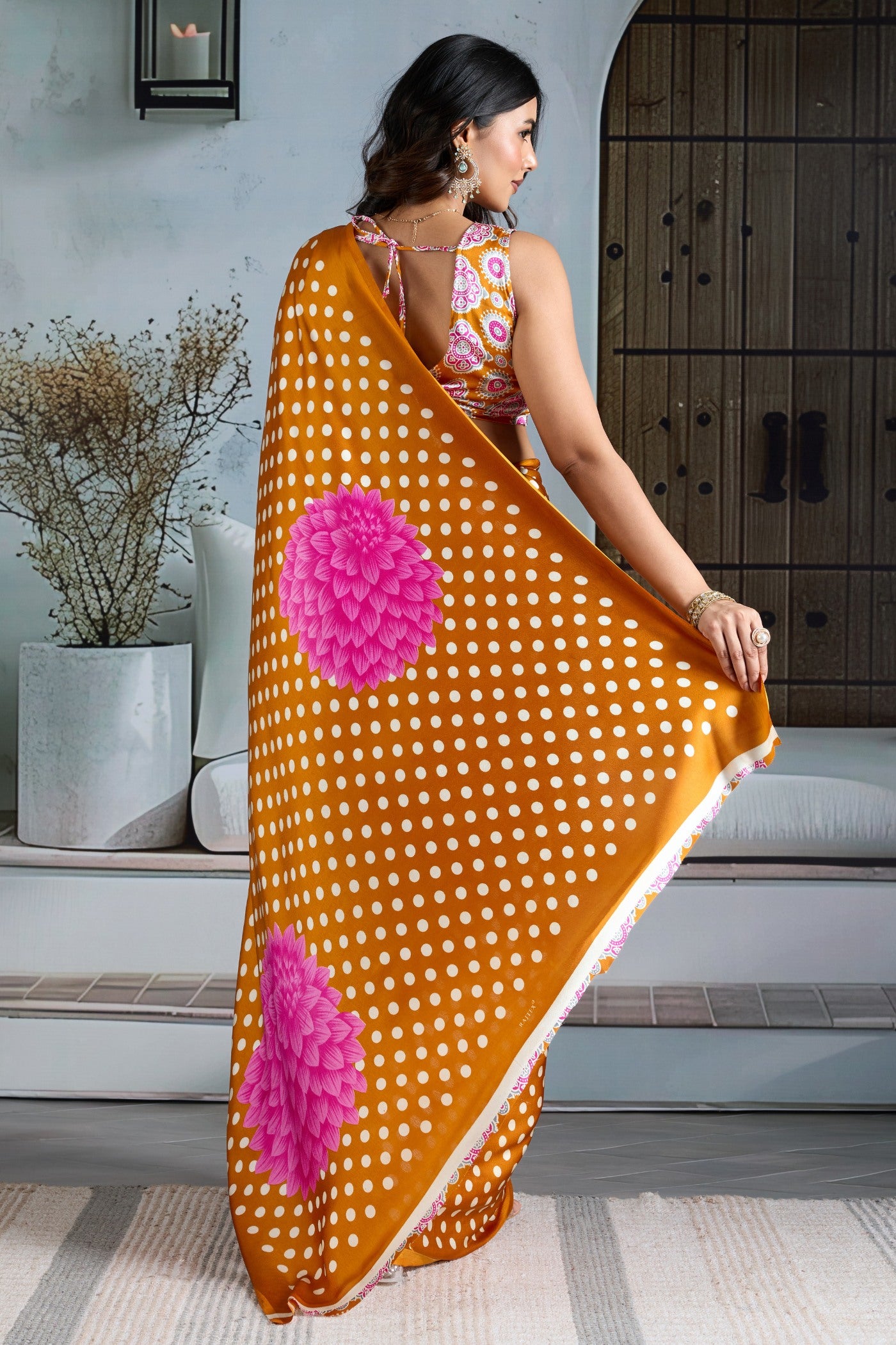 Buy MySilkLove Saffron Yellow Printed Polka Dots Satin Crepe Saree Online