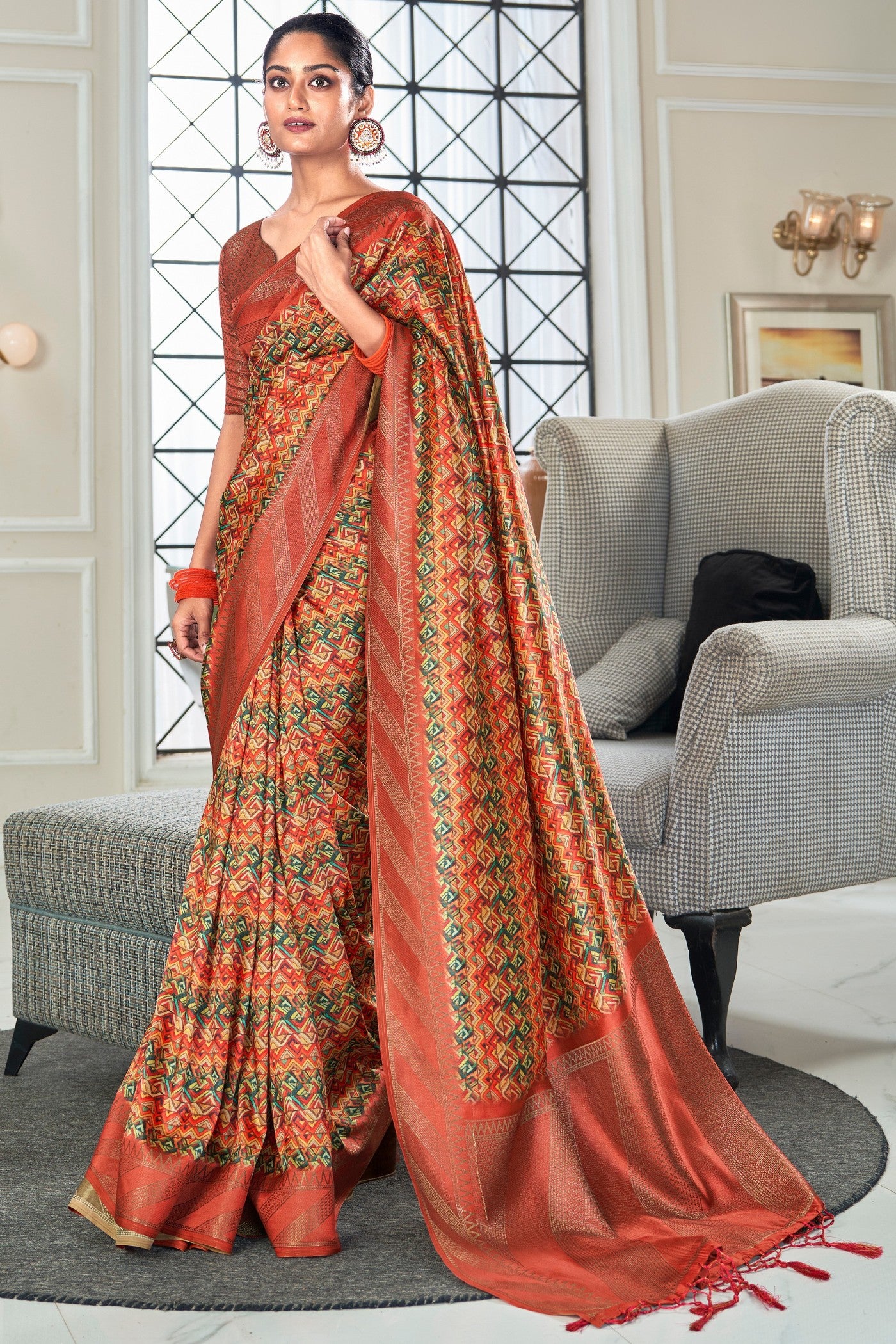 Buy MySilkLove Crail Red Digital Printed Banarasi Saree Online