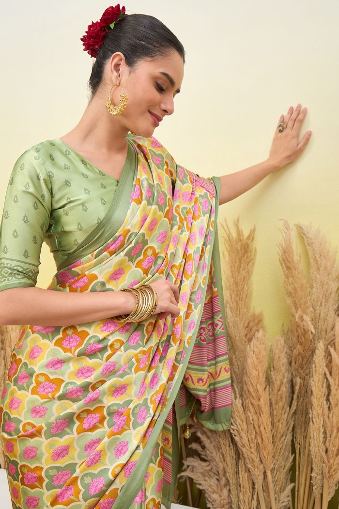 Buy MySilkLove Olive Green and Cream Modal Satin Printed Silk Saree Online
