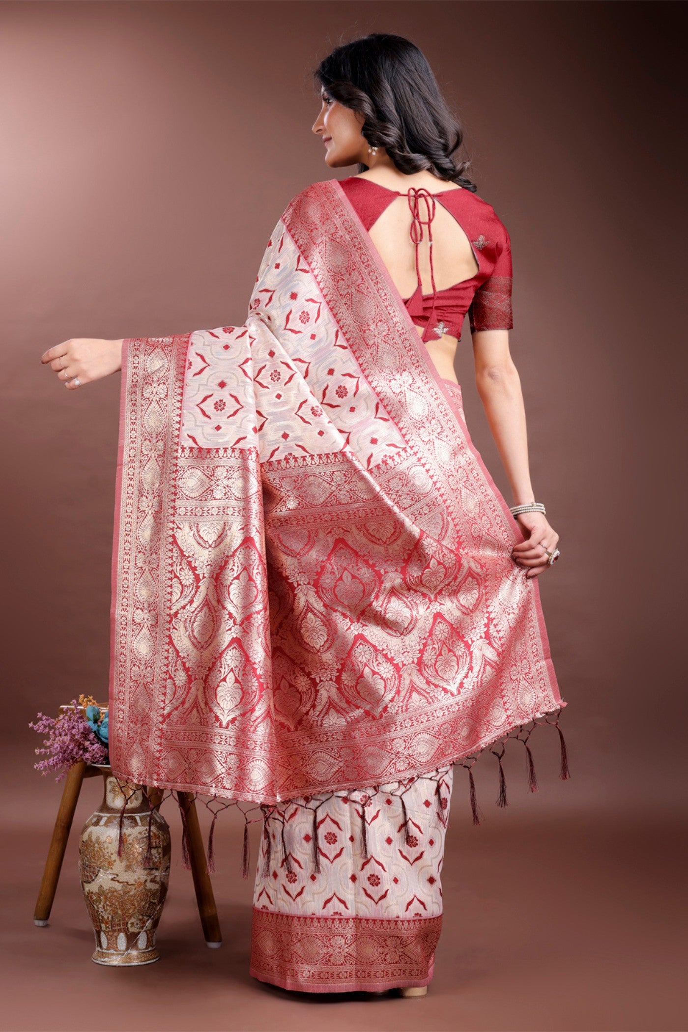 Buy MySilkLove Ruby Red and White Linen Cotton Saree Online