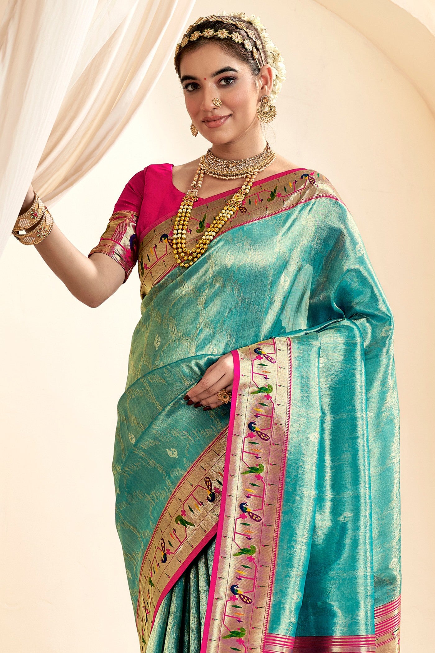 Buy MySilkLove Sea Turtle Green Zari Woven Paithani Tissue Saree Online