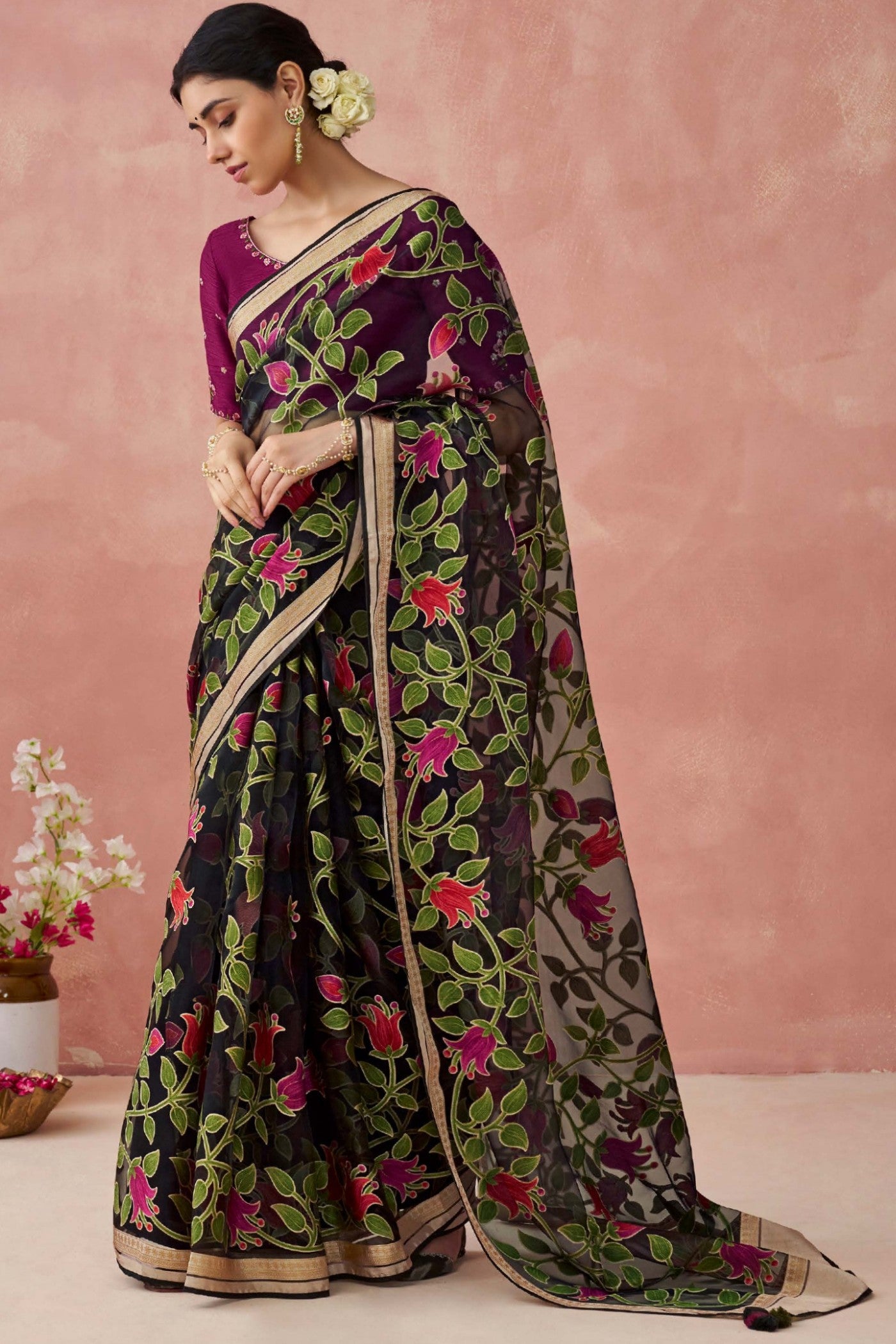 Buy MySilkLove Creole Black Brasso Organza Printed Saree Online