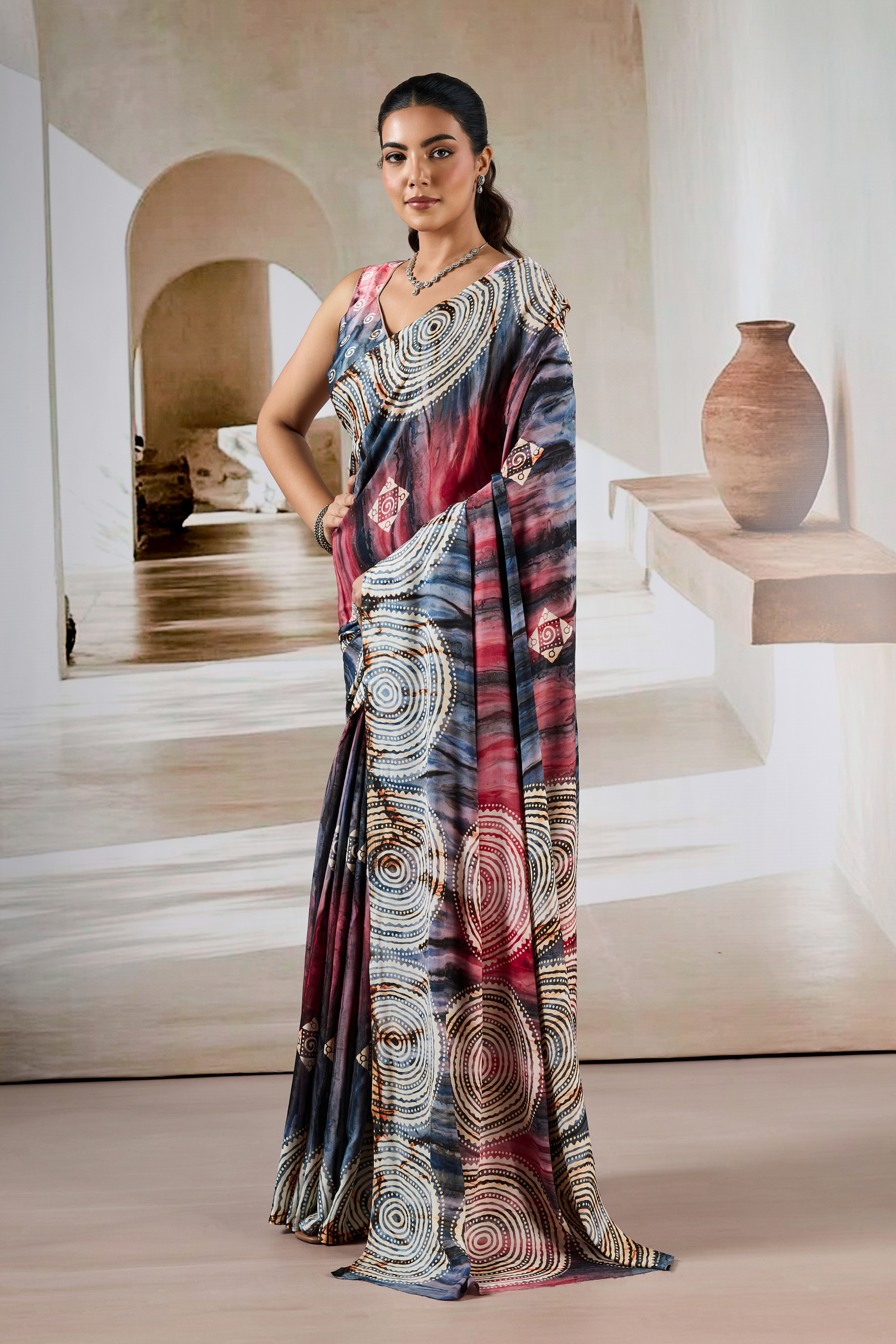 MySilkLove Brown And Grey Modal Satin Hand Prism Print Saree