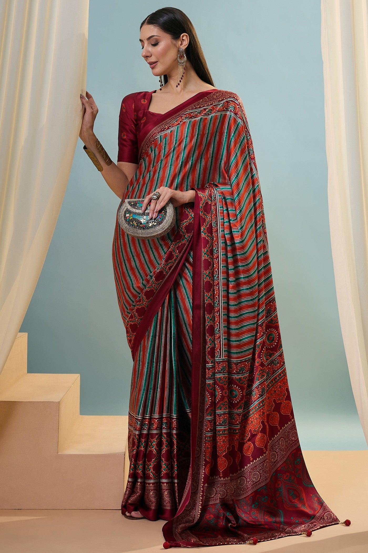 Buy MySilkLove Sanguine Brown Ajrakh Printed Satin Crepe Silk Saree Online