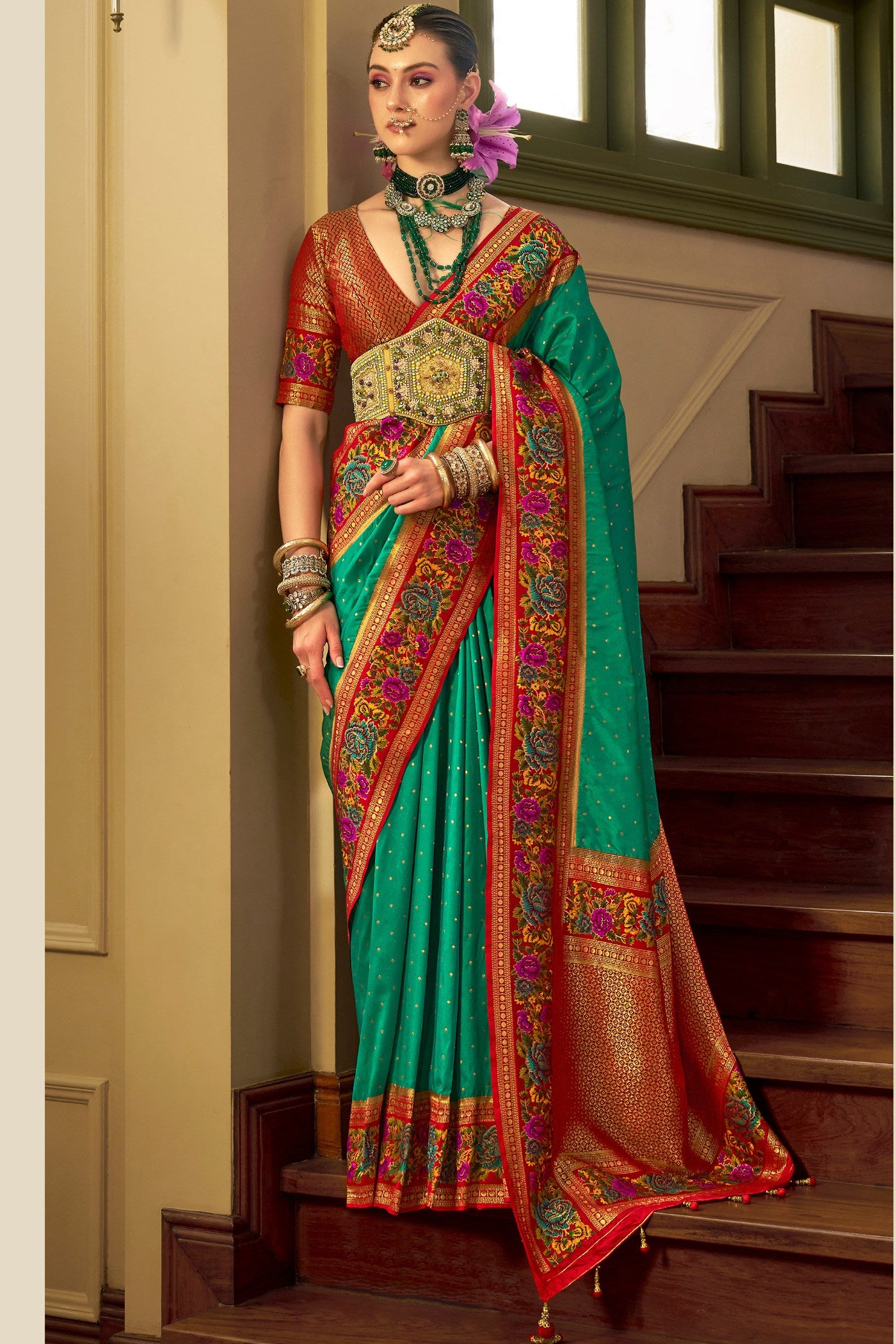 Buy MySilkLove Jewel Green Printed Banarasi Saree Online