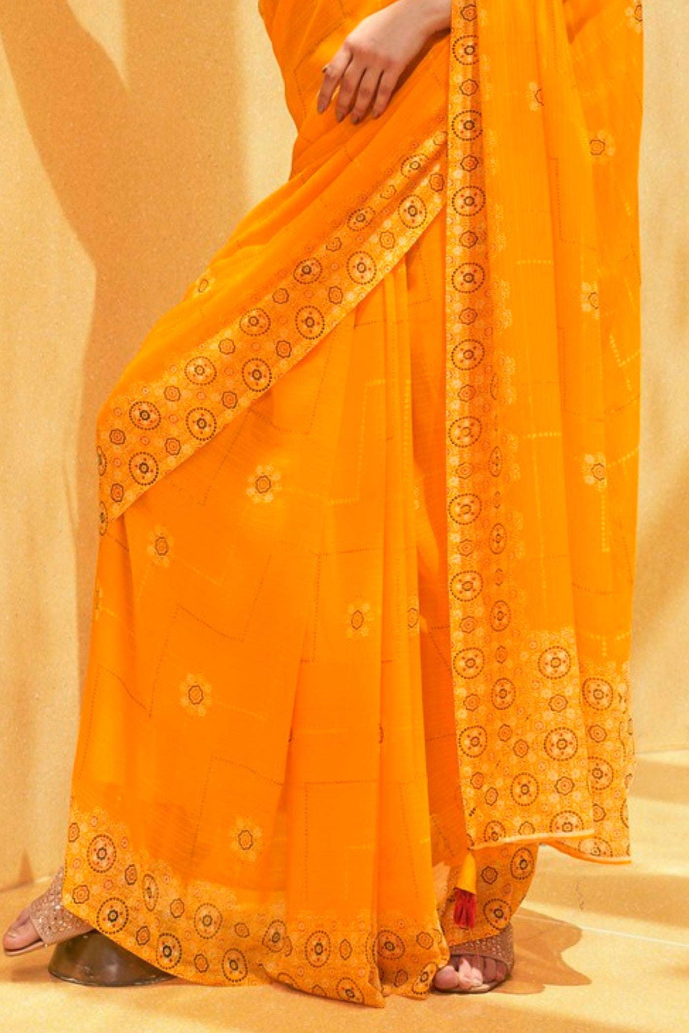 Buy MySilkLove Amber Yellow Georgette Printed Saree Online